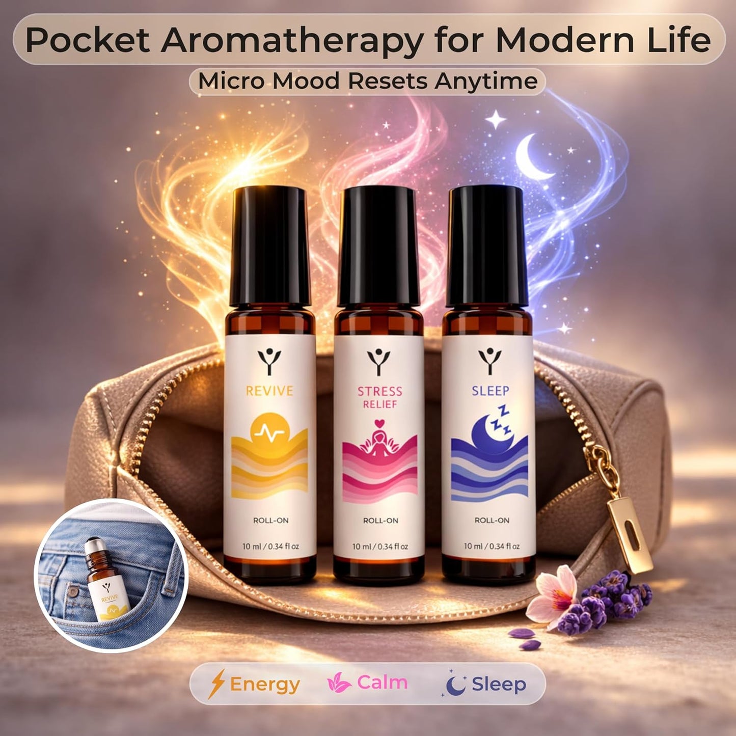 Essential Oil Roll On Set (3 Pack) – Sleep, Stress Relief & Revive Aromatherapy Rollers – Pre-Diluted Travel Size Blends for Relaxation & Bedtime – Wellness Gift for Women