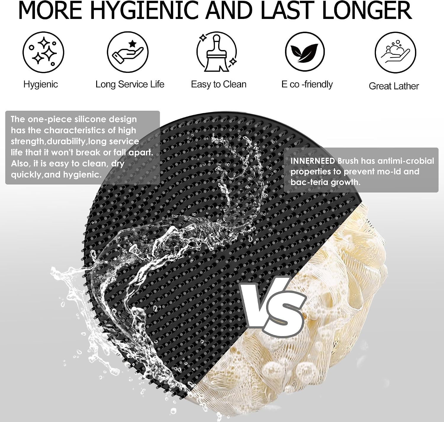 INNERNEED Food-Grade Soft Silicone Body Scrubber Shower Brush Handheld Cleansing Skin Brush, Gentle Exfoliating and Lather Well (Black)