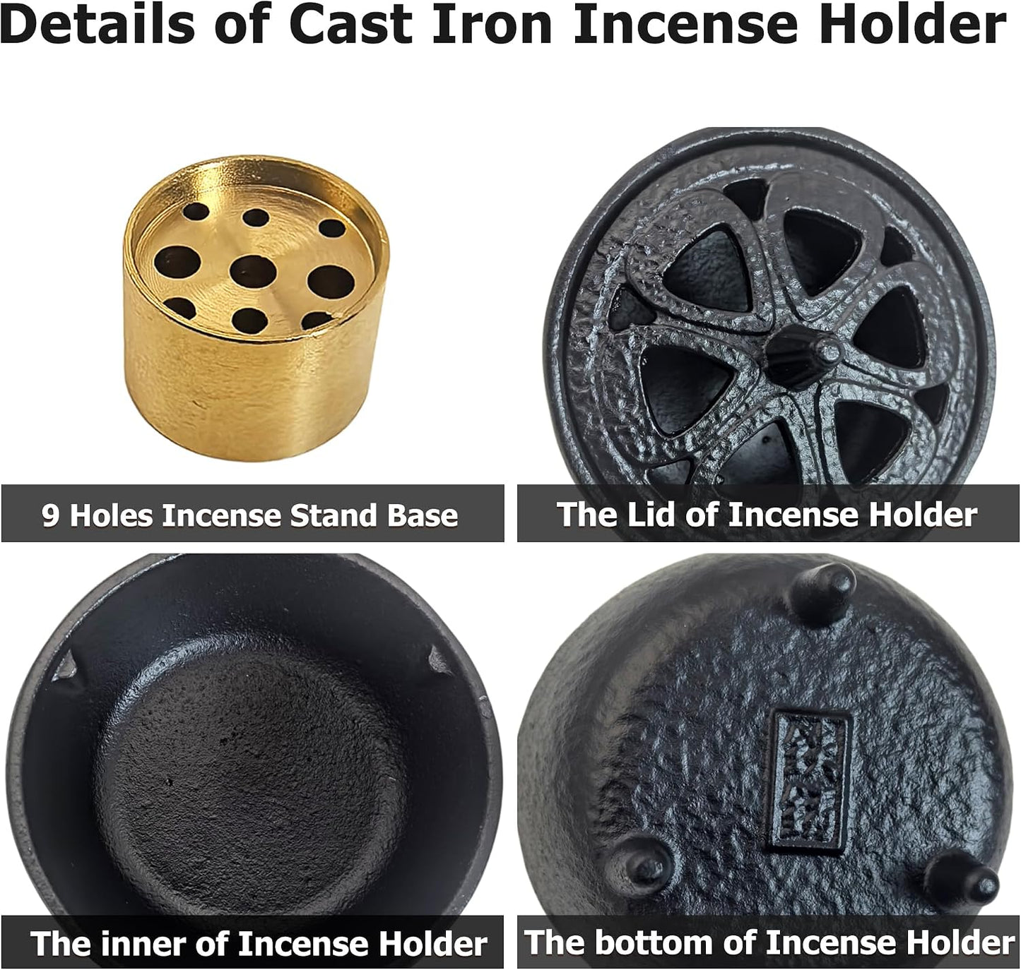Small Cast Iron Incense Burner Holder, Home Decor, Bowl Design with Decorative Lid, Black Incense for Sticks, Resin, Cone Incense or Wax Melts