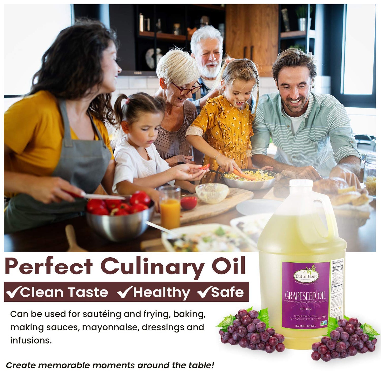 Tutto Bene Premium Quality Grapeseed Oil - 1 Gallon (128 ounces), for Cooking With 0% Trans Fat for Healthy Living - Cholesterol Free - High in Antioxidants and Vitamin E
