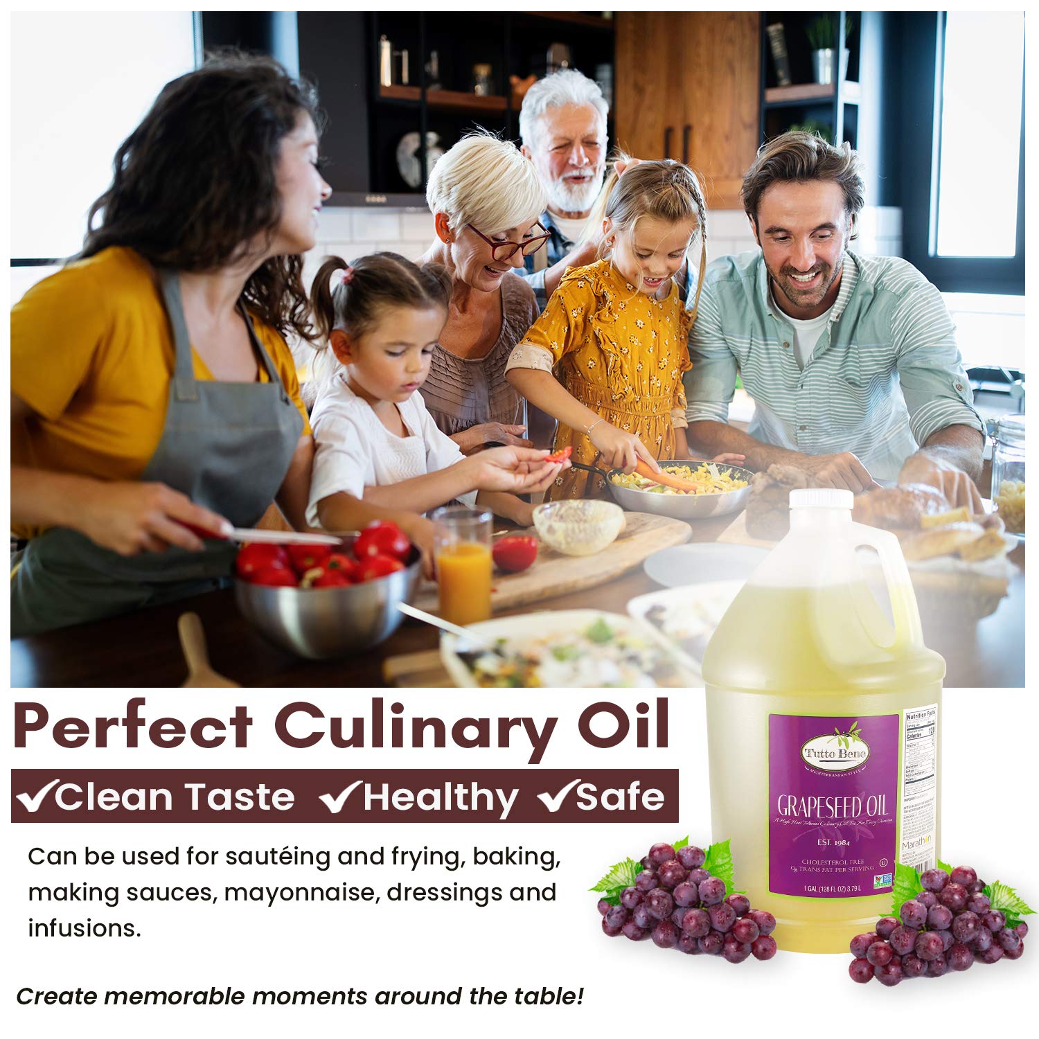 Tutto Bene Premium Quality Grapeseed Oil - 1 Gallon (128 ounces), for Cooking With 0% Trans Fat for Healthy Living - Cholesterol Free - High in Antioxidants and Vitamin E