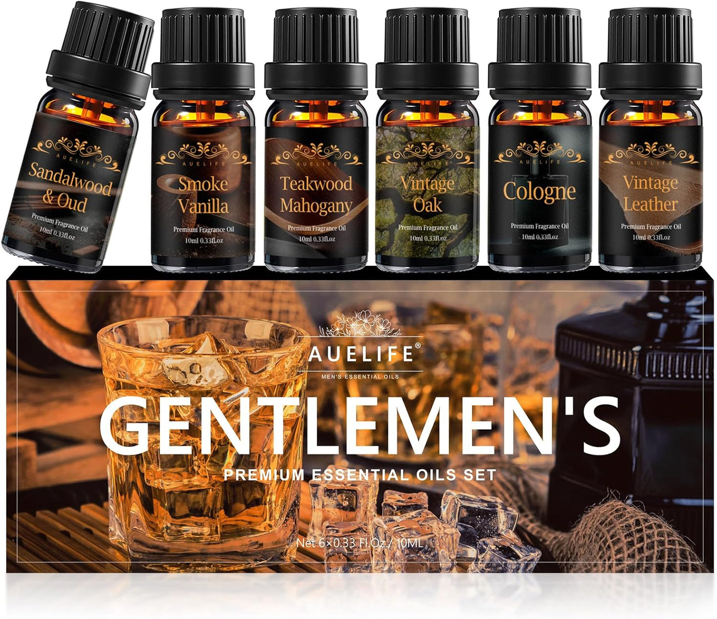 Men Essential Oils Set for Diffuser, Father's Day & Birthday Gift for Men - 6x10ml Masculine Fragrance Oils for Candle Making, Scented Oil Gift Set, Mahogany, Sandalwood, Cologne,Smoke Vanilla,Leather