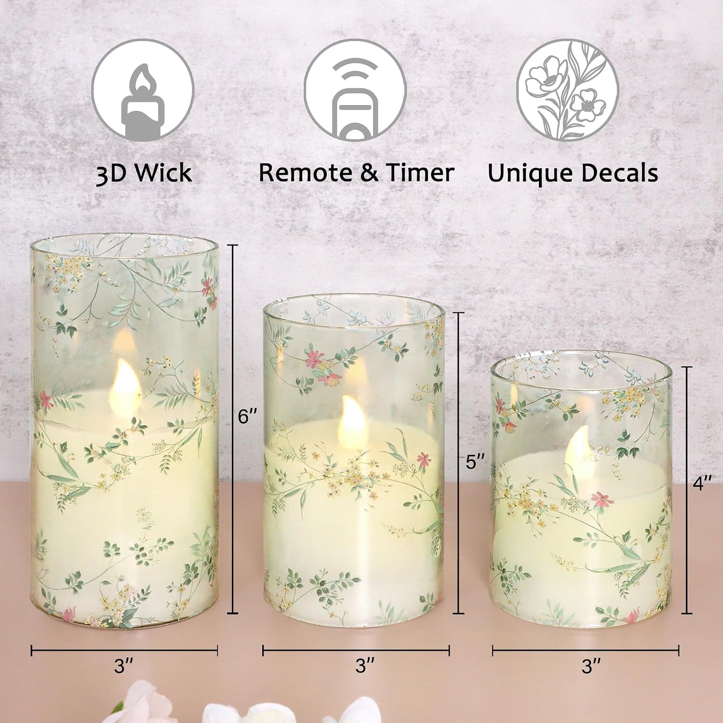 Flameless Candles with Remote Control, Flickering LED Glass Candles, Battery-Operated with Timer and Adjustable Brightness, Floral Branch Design for Home Decor and Wedding, Set of 3