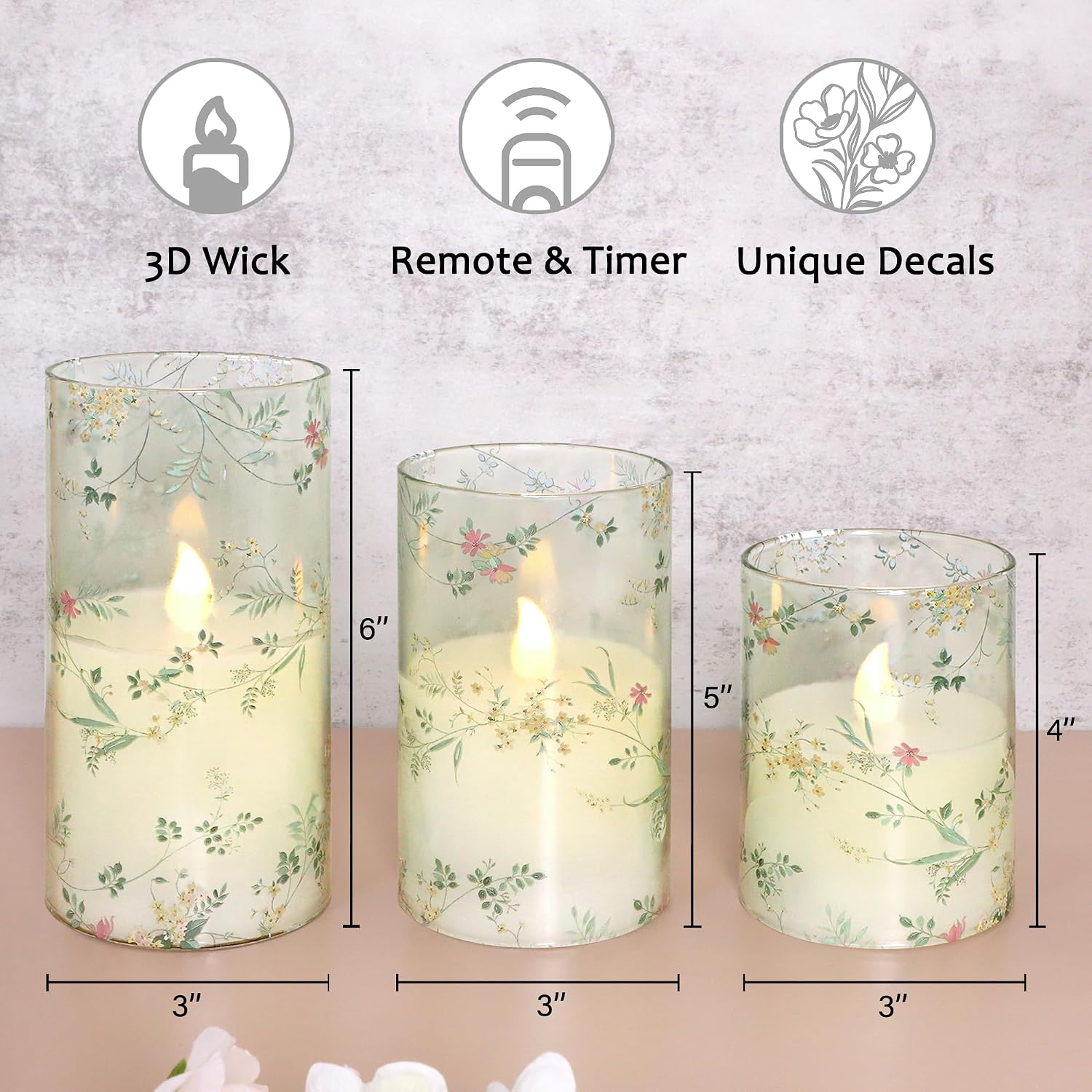 Flameless Candles with Remote Control, Flickering LED Glass Candles, Battery-Operated with Timer and Adjustable Brightness, Floral Branch Design for Home Decor and Wedding, Set of 3