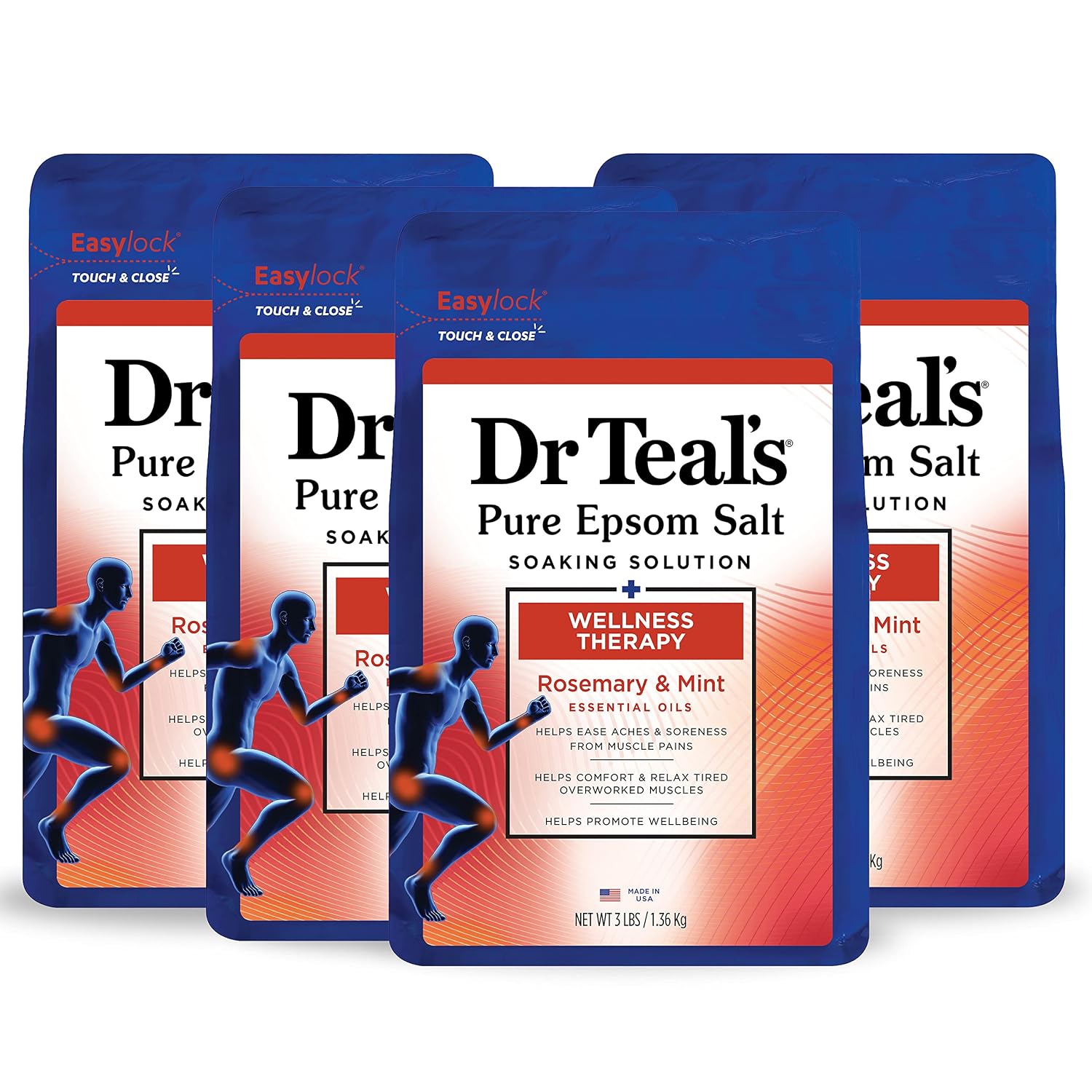 Dr Teal's Foaming Bath with Pure Epsom Salt, Black Elderberry with Vitamin D, 34 fl oz (Pack of 4) (Packaging May Vary) & Pure Epsom Salt Soak, Wellness Therapy with Rosemary & Mint, 3 lbs
