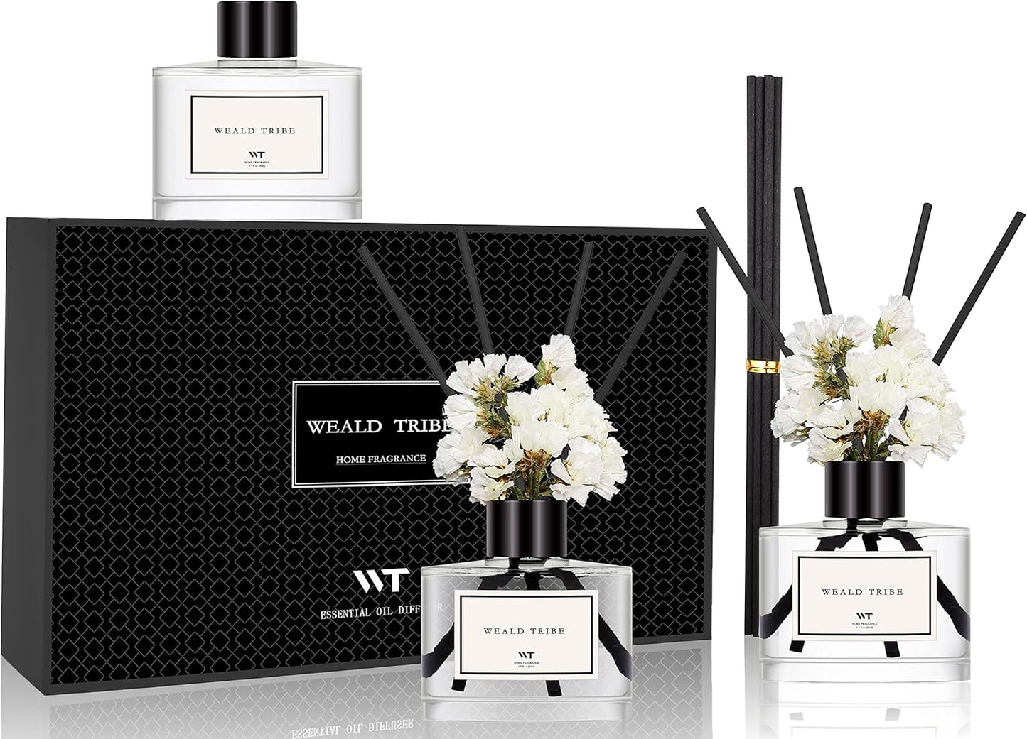 WEALD TRIBE Real Flower Reed Diffuser Set of 3 for Bathroom Shelf Decor, Cashmere & Vanilla, Lemongrass, Eucalyptus & Mint Scent Sticks Defusers with Essential Oils | Home Fragrance(1.7 fl oz/Pack)