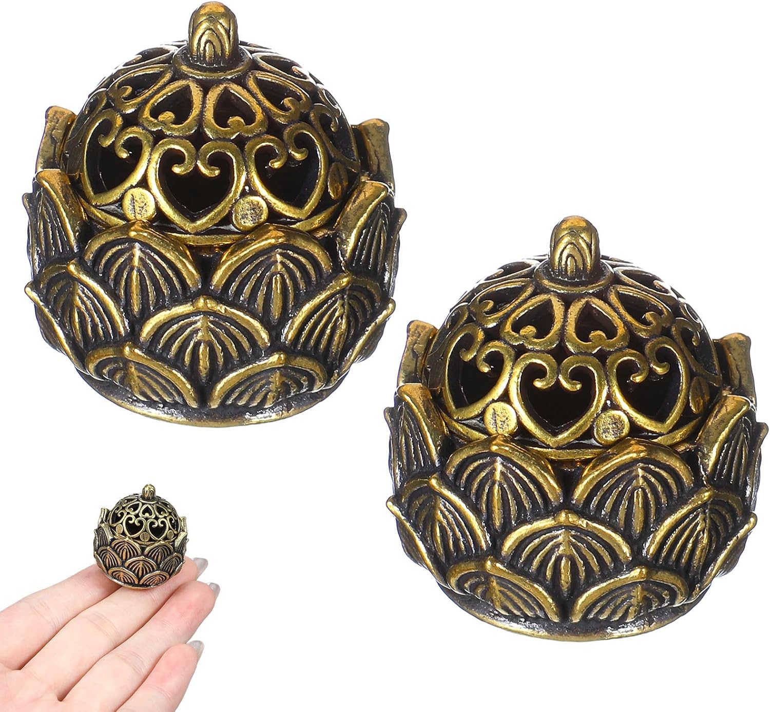 2Pcs Pure Copper Fortune Lotus Incense Holder, Black Brass Cone Incense Burner Holder, Home, Meditation Decor (1.18×1.1")