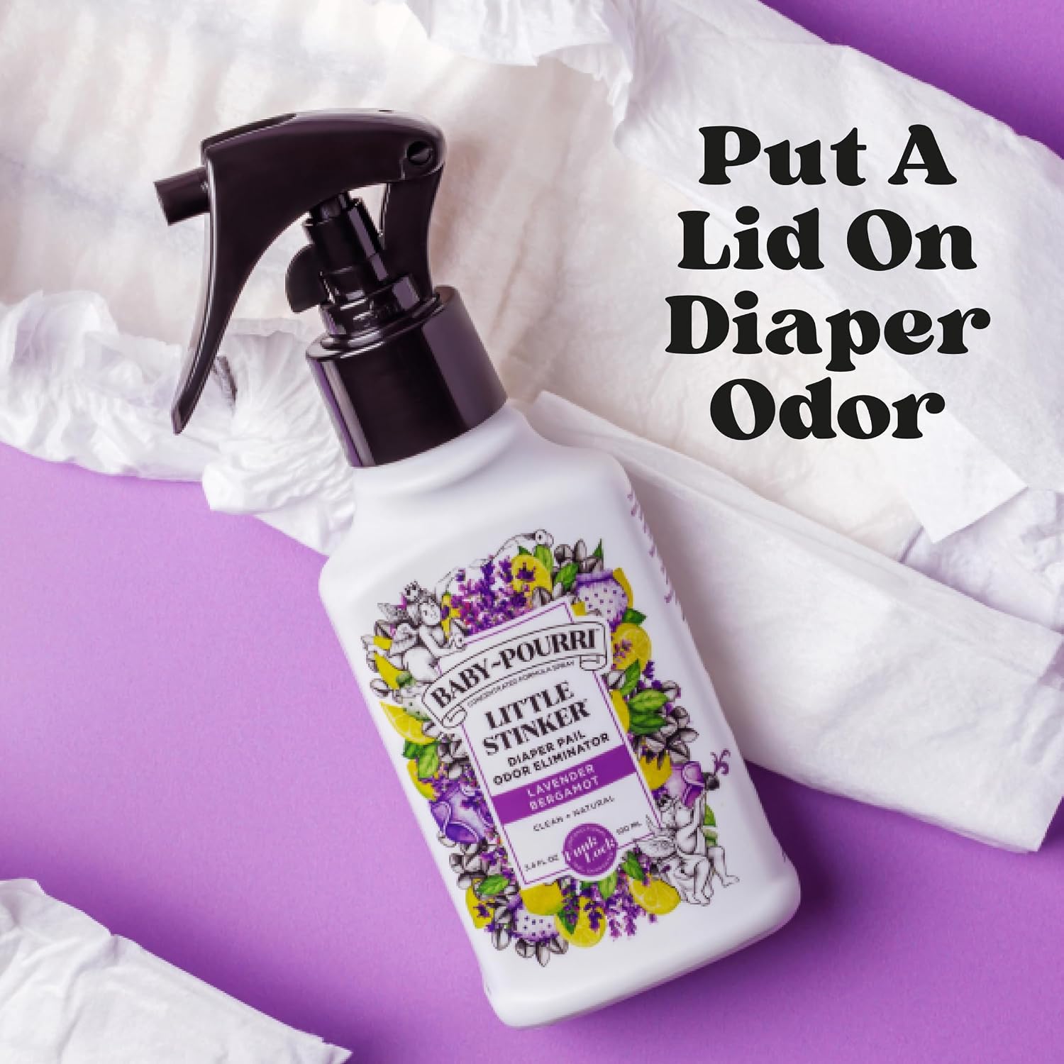 Baby-Pourri Little Stinker Diaper Pail Deodorizer Spray, 3.4 Fl Oz, Up to 150 Uses, Odor Freshener with Essential Oils, Nursery Essentials, Lavender, Bergamot, Eucalyptus & Vanilla Scent