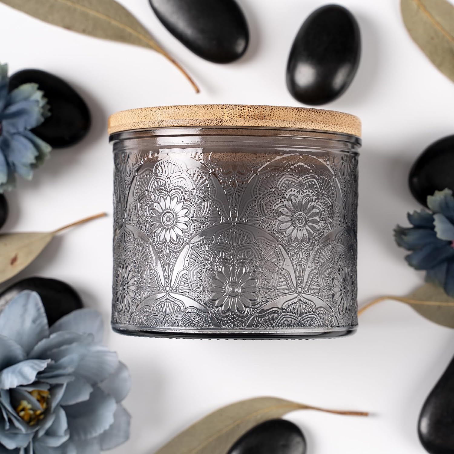 10 oz Gray Mandala Glass Candle Jars with Bamboo Lids, 9 Pack | Patented Embossed Design, Includes Wick Centering Devices & Warning Labels, Multiple Color Options
