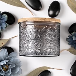 10 oz Gray Mandala Glass Candle Jars with Bamboo Lids, 9 Pack | Patented Embossed Design, Includes Wick Centering Devices & Warning Labels, Multiple Color Options
