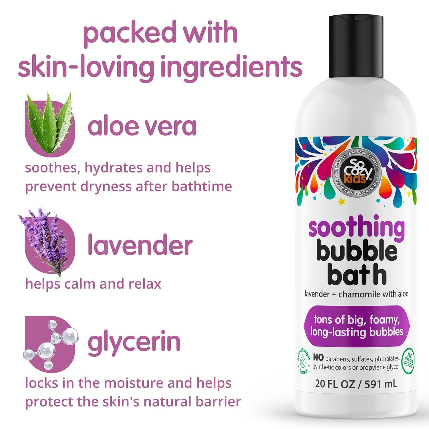 SoCozy Soothing Bubble Bath for Kids, Lavender & Chamomile, Moisturizing with Aloe Vera and Jojoba Oil, 20 FL OZ