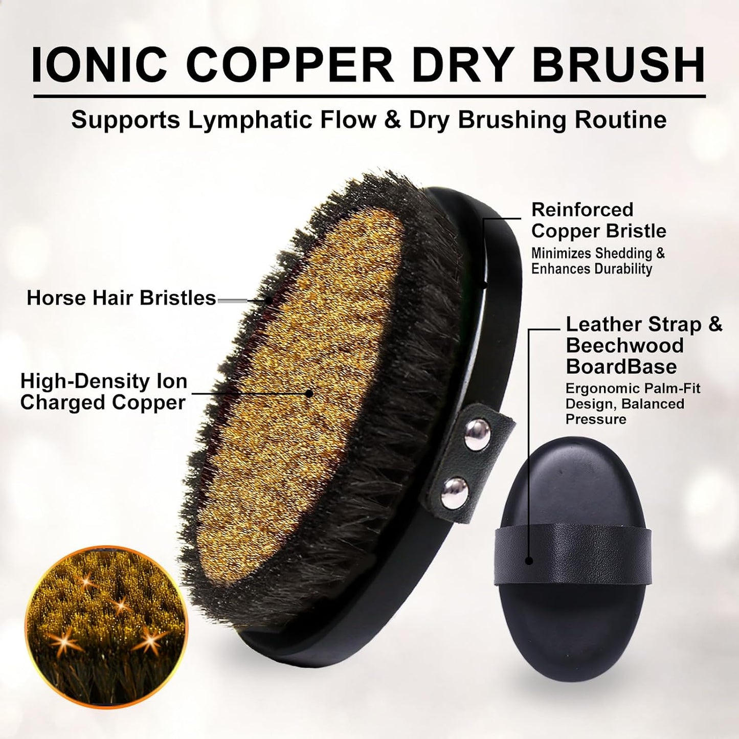 Premium Ionic Copper Dry Brush – Dry Brushing Body Brush for Lymphatic Drainage, Exfoliating Body Scrubber & Lymphatic Brush – Ergonomic Palm Design Body Brush with Storage Pouch, Gift Ready