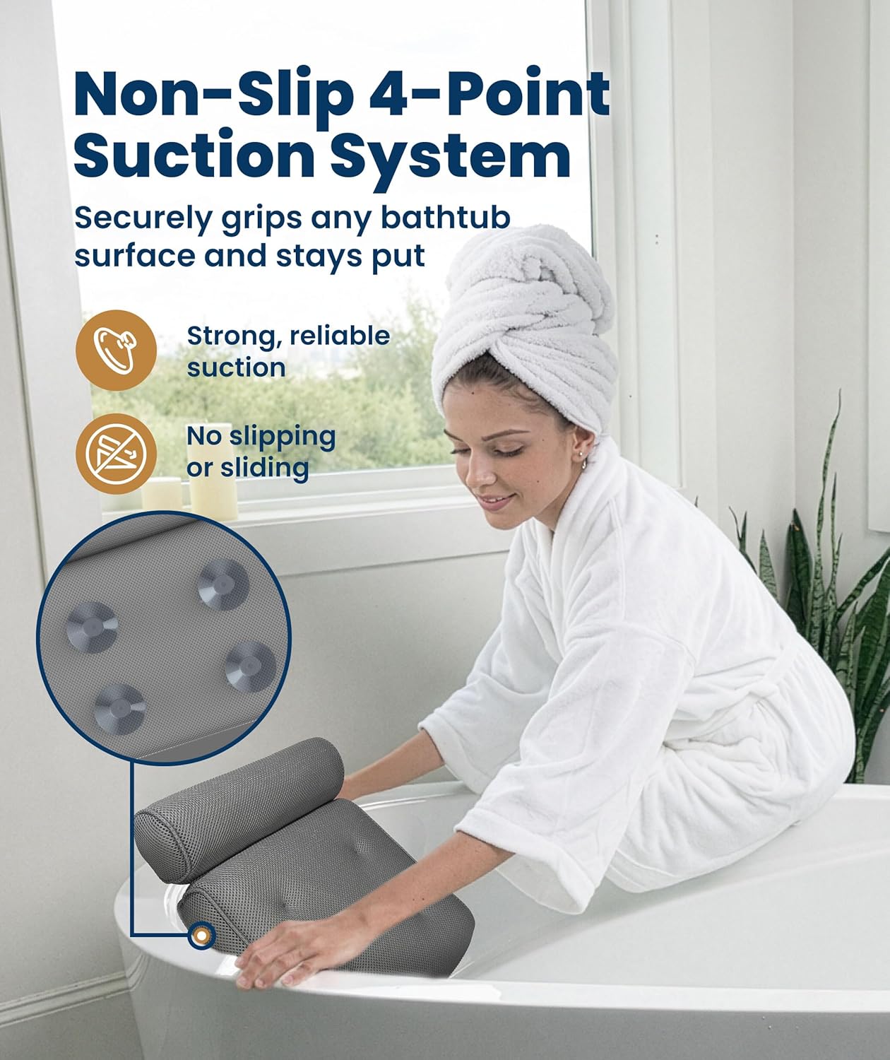 Everlasting Comfort Luxury Bath Pillows for Tub with Head and Neck Support - Non-Slip Bathtub Pillow with Suction Cups, Quick-Drying Mesh & Drying Hook - Jacuzzi & Spa Accessories for Women - Gray