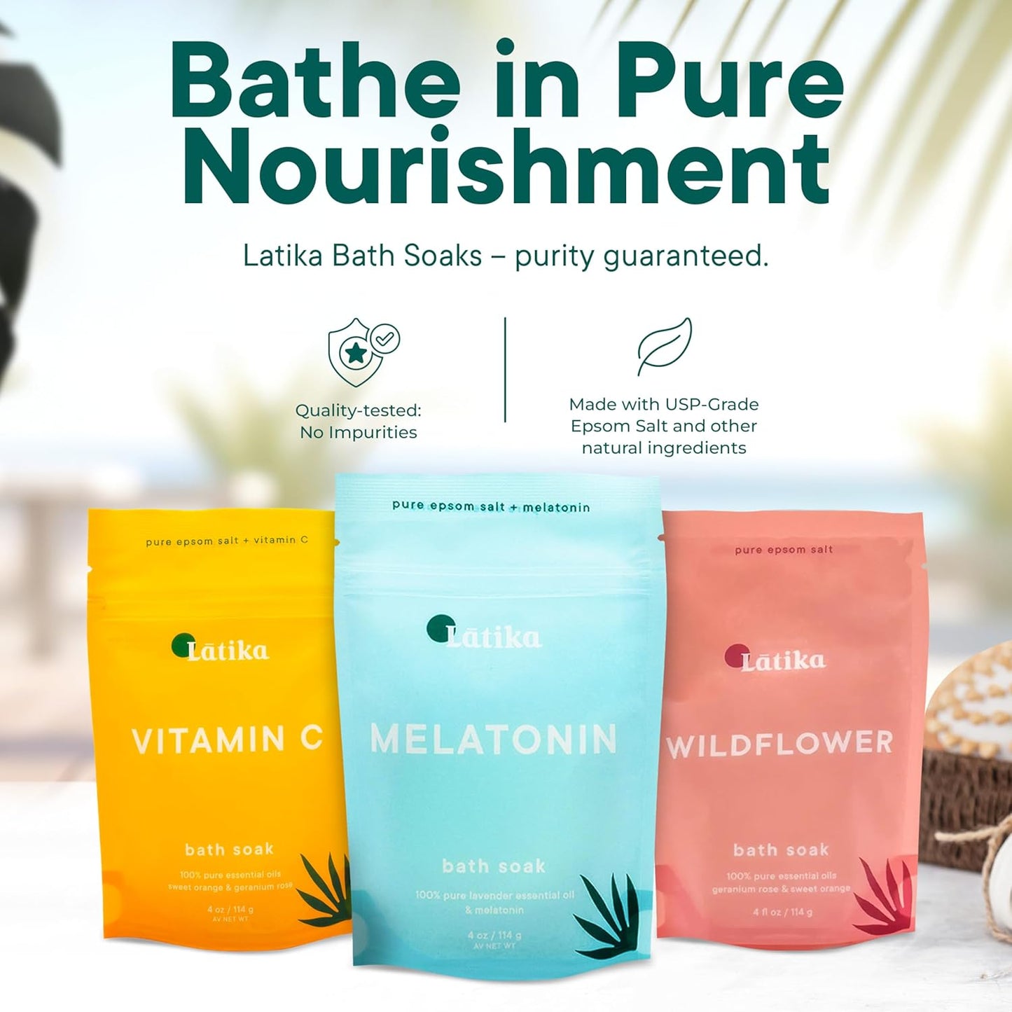 Latika Bath Soak Stress Relief Set of 3 - Wildflower, Melatonin, Vitamin C - Moisturizing Bath Soak with Epsom Salt & Essential Oils for Stress Relief, Muscle Recovery, & Relaxation - At-Home Spa
