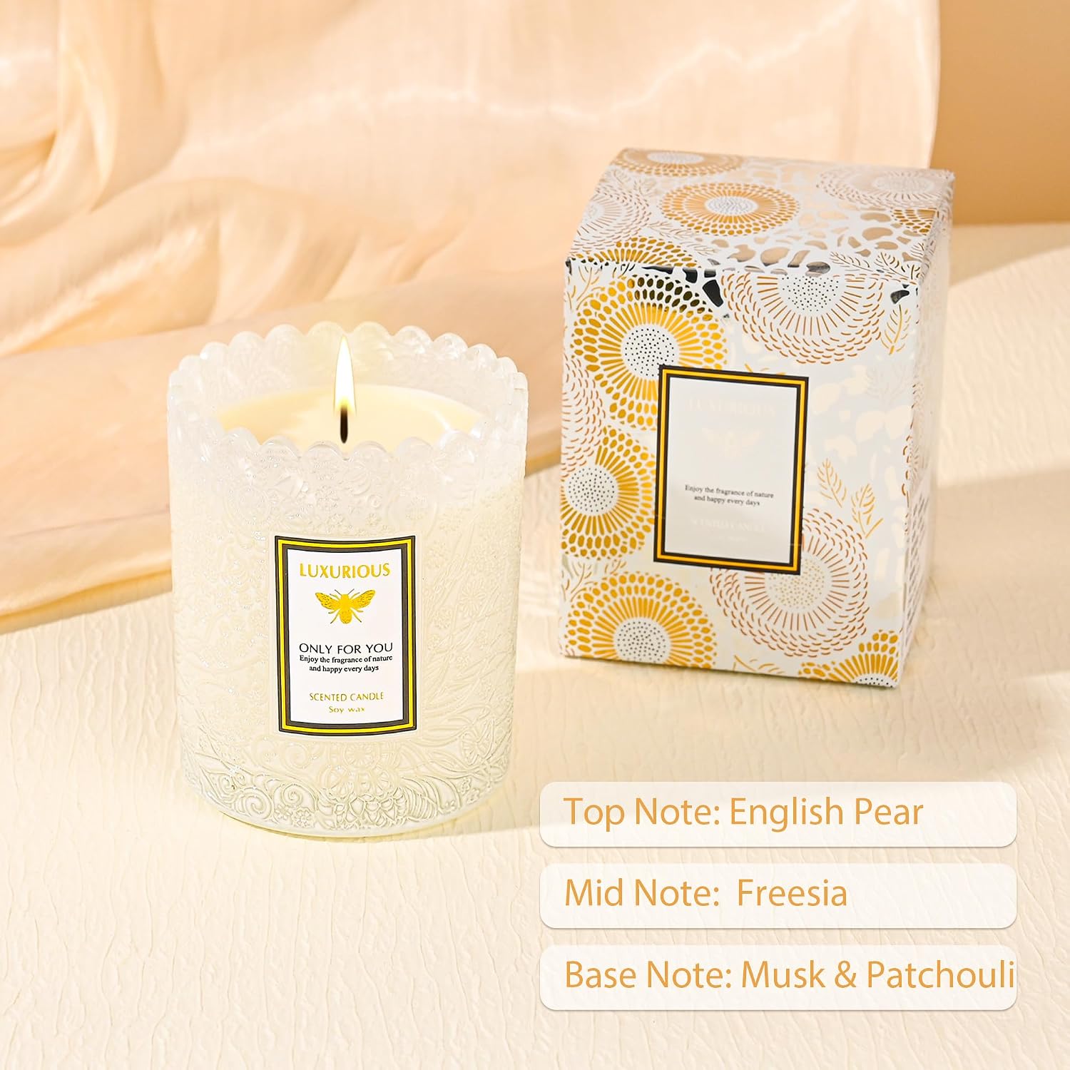 English Pear Freesia Scented Candle, Candles for Home Scented, Luxury Jar Candles for Women, Candles Gifts for Women, Natural Soy Wax Candle, 7 oz 40 Hours Burning Time