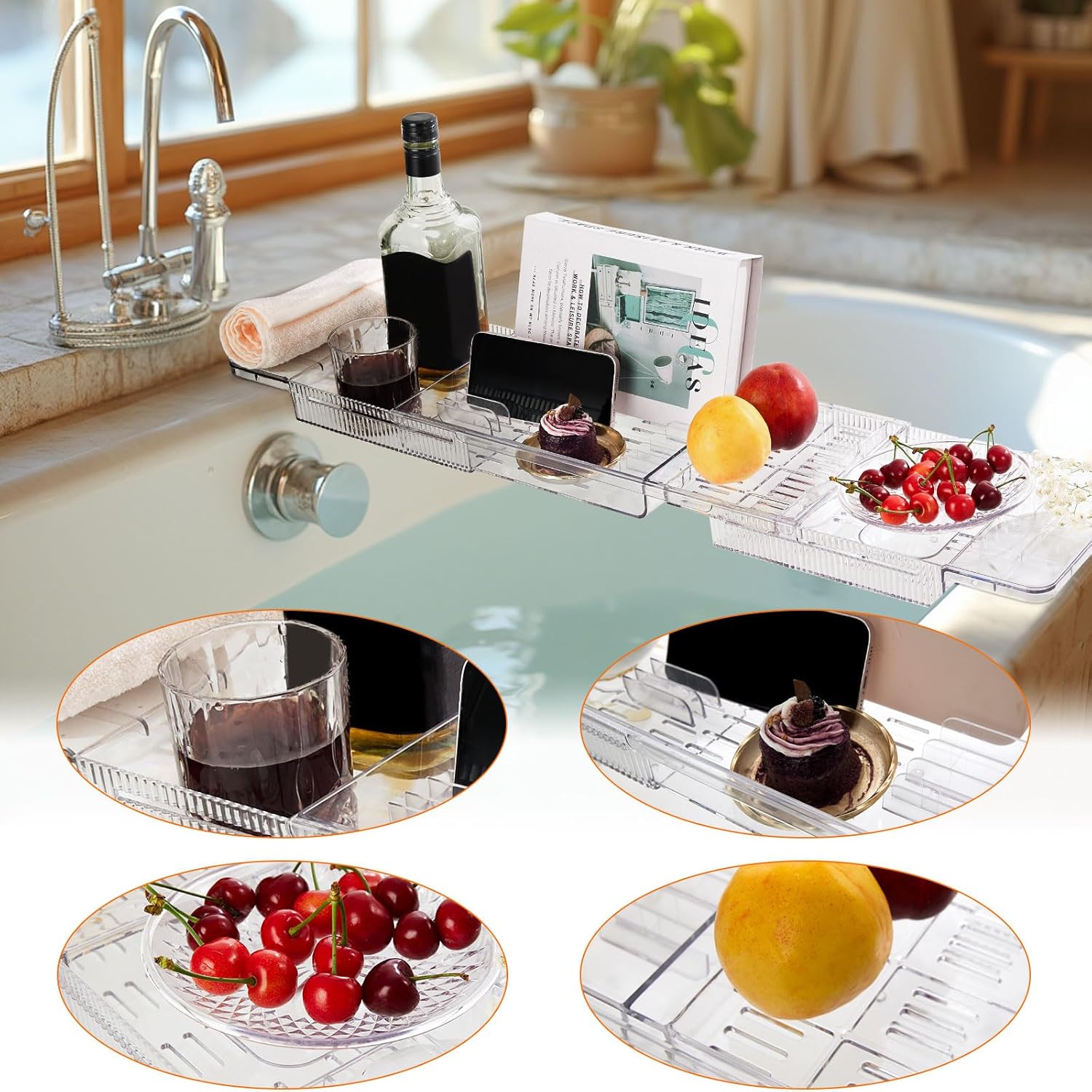 Expandable Bathtub Tray for Tub, Clear Acrylic Bath Caddy with Anti-Slip Design, Waterproof Bathroom Storage, Bath Organizer for Women, Fits Most Tubs up to 31.7" Ideal for Women and Adults