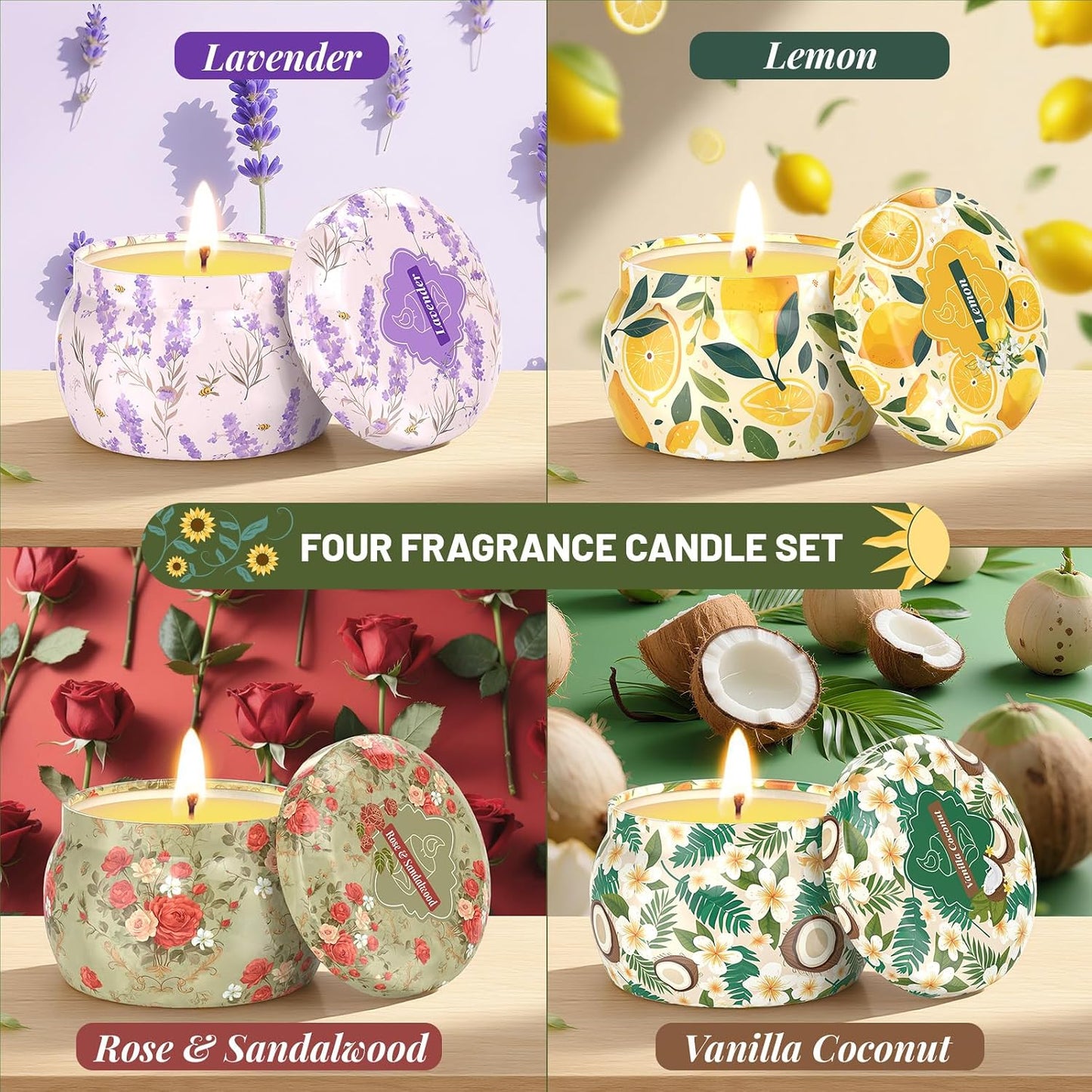 WarmEmbrace Scented Candles for Women, 4 Pack Soy Candle Set, 4.4OZ Candles for Home Scented, Candle Gift Set for Women, Lavender/Coconut and Christmas Holiday Candles, Valentines Day Gifts