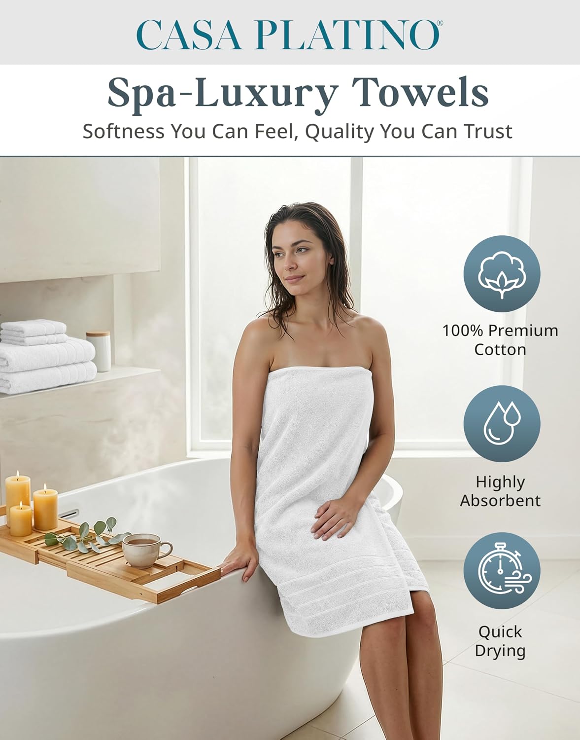 Casa Platino 100% Cotton Turkish Bath Towel Set 12 Pieces - Super Soft, Absorbent & Quick Dry - 4 Bath, 4 Washcloths, 4 Hand Towels for Bathroom - Hotel Quality, Ideal for Spa, Gym & Travel - White