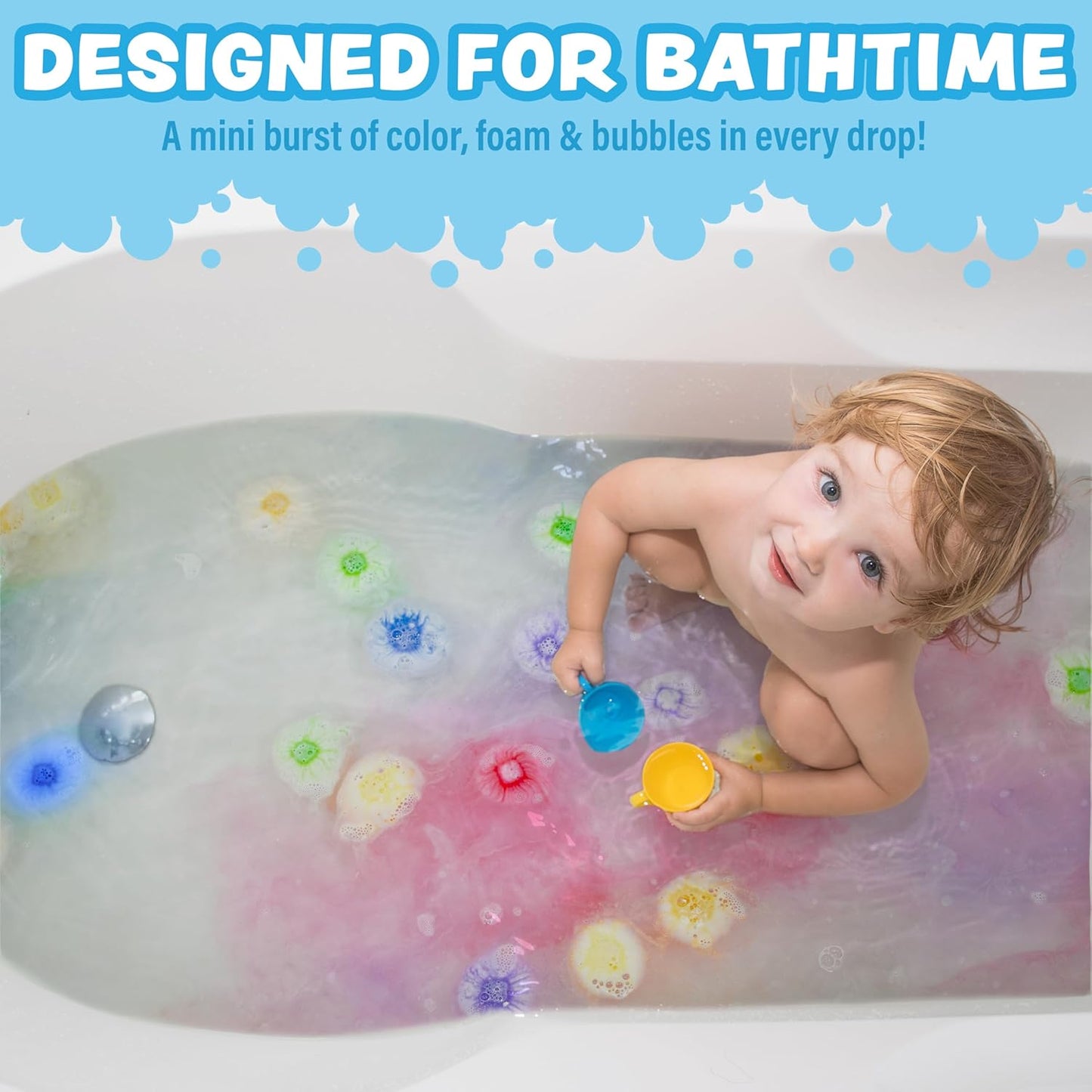 Tub Works® Lil' Bursts™ Mini Bath Bombs for Kids, 90 Count, Rainbow | Nontoxic | Tiny Kids Bath Bombs with A Burst of Color, Foam & Bubbles | Customize Toddler Bath with 7 Colors | Make Bathtub Art