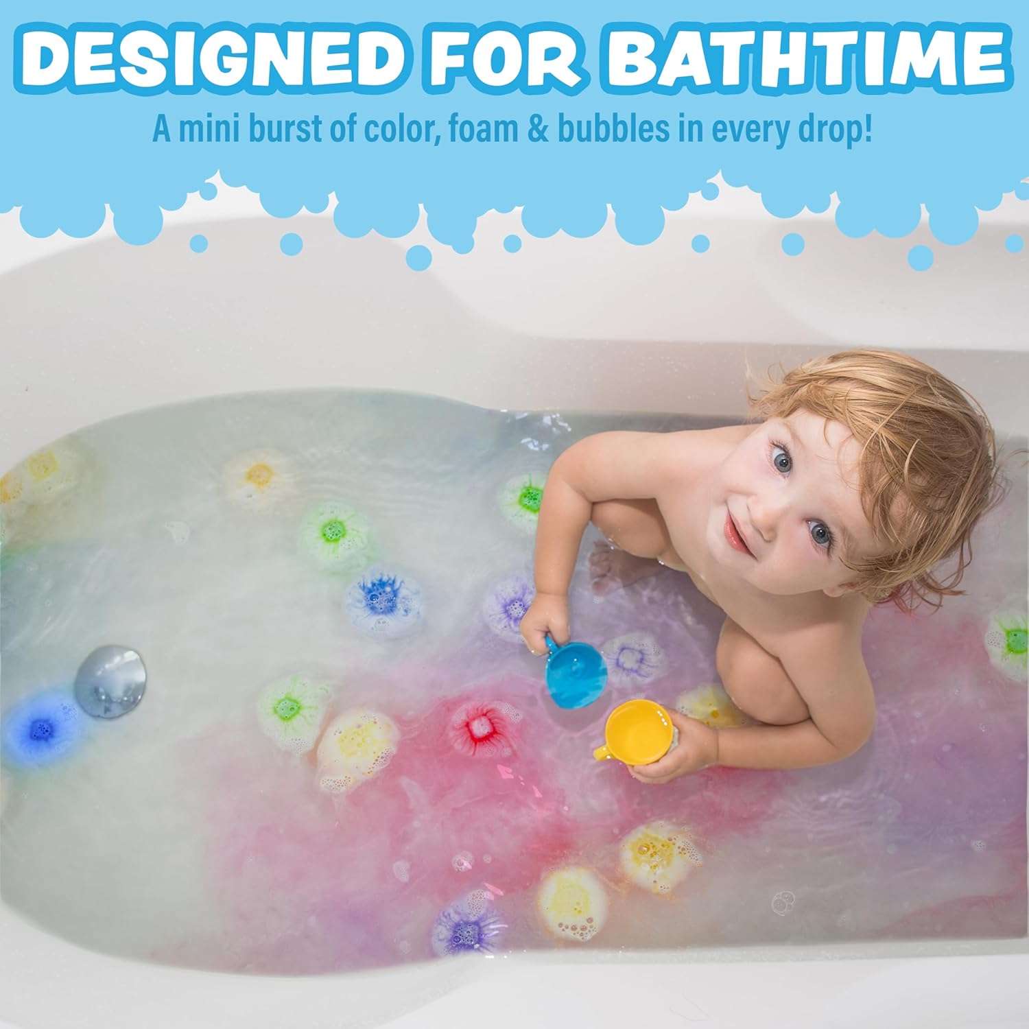 Tub Works® Lil' Bursts™ Mini Bath Bombs for Kids, 90 Count, Rainbow | Nontoxic | Tiny Kids Bath Bombs with A Burst of Color, Foam & Bubbles | Customize Toddler Bath with 7 Colors | Make Bathtub Art
