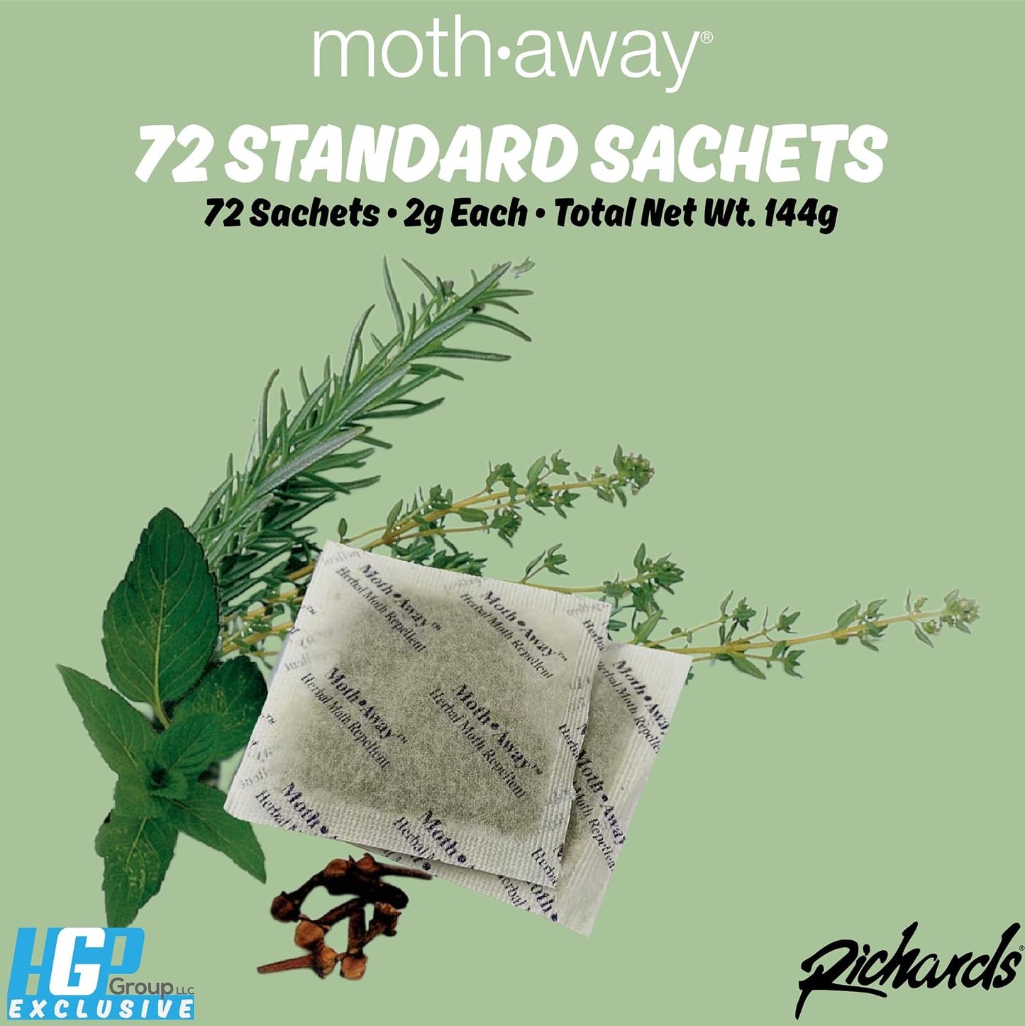 Richards Moth Away Herbal Repellent Sachets – 72 Count Value Pack – 100% Natural Ingredients – Peppermint, Rosemary & Thyme – Non-Toxic Moth Protection for Closets, Drawers & Storage – Made in USA
