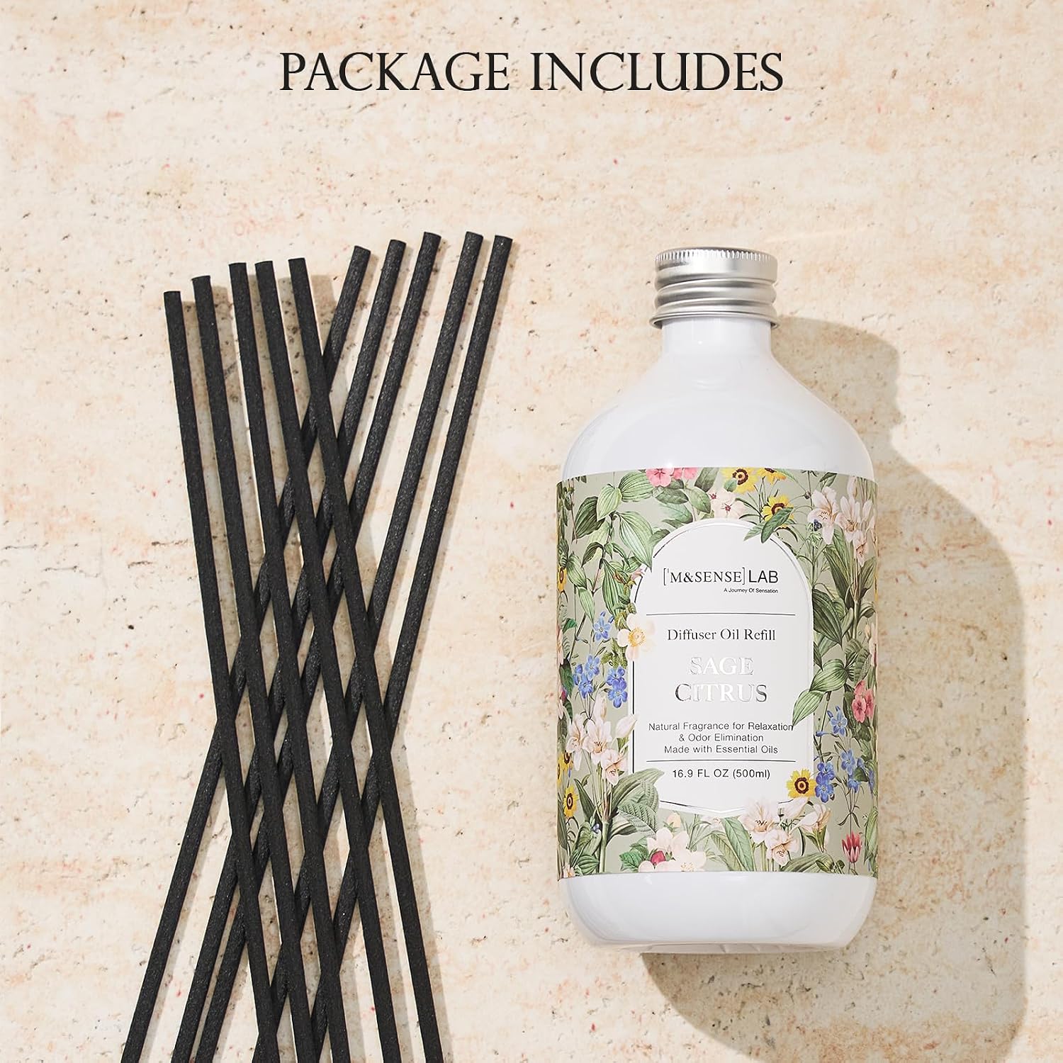 M&SENSE Reed Diffuser Oil Refill, 16.9oz (500ml) with 10 Hollow Reed Sticks, Sage Citrus Scent Home Fragrance, Scented Oil Refills, Natural Essential Oils for Diffusers, Décor for Home Spa & Office