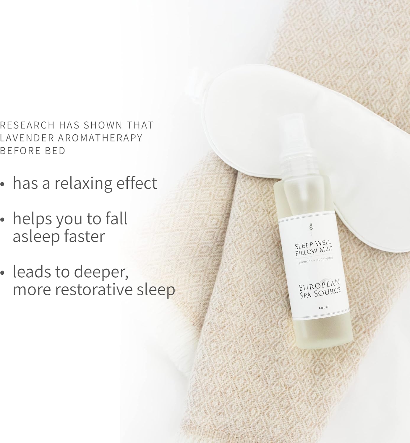 European Spa Source Sleep Well Eucalyptus + Lavender Pillow Mist Spray for Aromatherapy, At Home Spa Experience, Tension Relief, Sleep Support, and Relaxation, 4 fl oz.