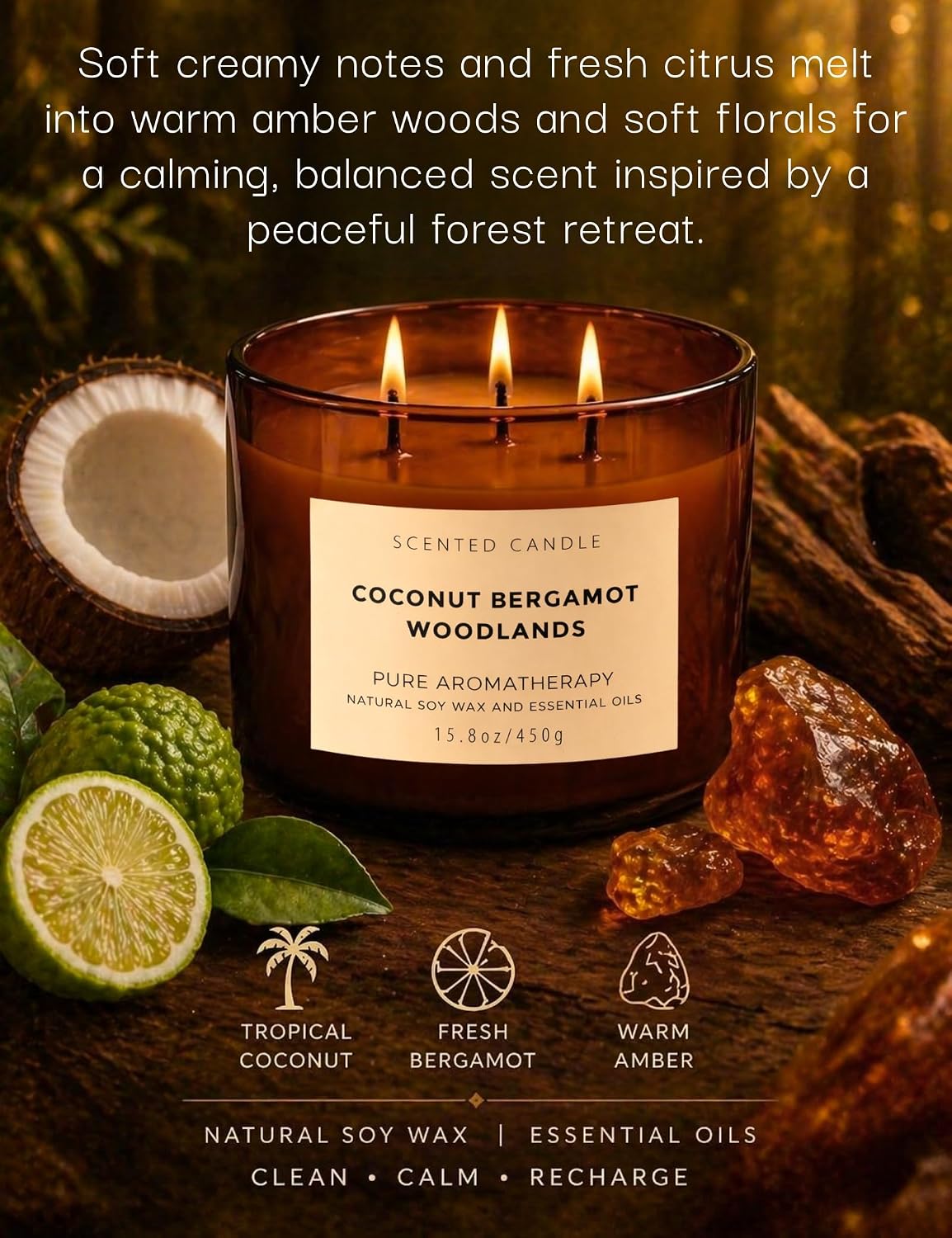 Coconut Bergamot Woodlands 3-Wick Soy Candle | 15.8 oz Large Scented Candle for Home | Clean Burn Long Lasting | Coconut Citrus Floral Scent | Gift Ready
