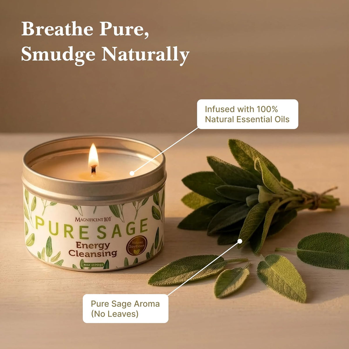 Magnificent 101 Pure Sage Tin Candle for Energy Cleansing
