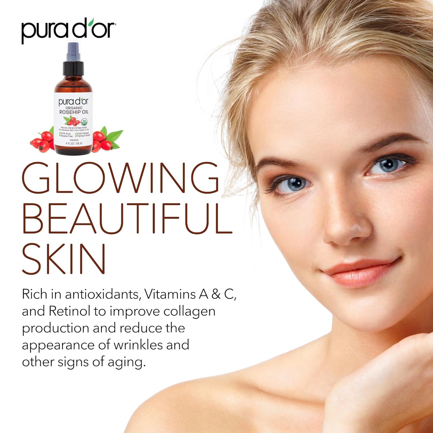 PURA D'OR ORGANIC Rosehip Seed Oil 100% Pure Cold Pressed USDA Certified For Hair, Skin, Scalp, Anti Aging Face & Body - Hexane Free Glass Bottle - 4 Oz - Hair Regrowth Tonic