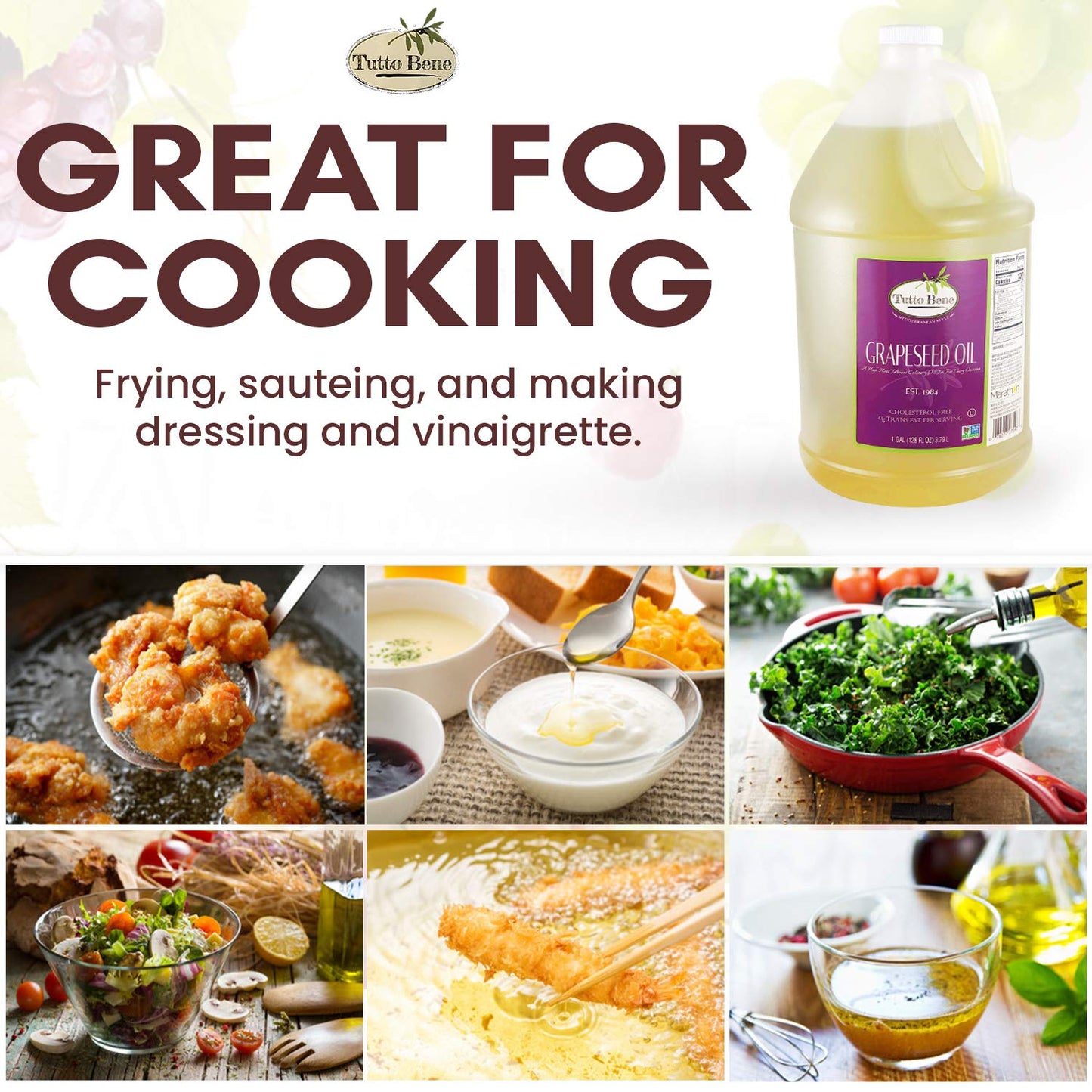 Tutto Bene Premium Quality Grapeseed Oil - 1 Gallon (128 ounces), for Cooking With 0% Trans Fat for Healthy Living - Cholesterol Free - High in Antioxidants and Vitamin E