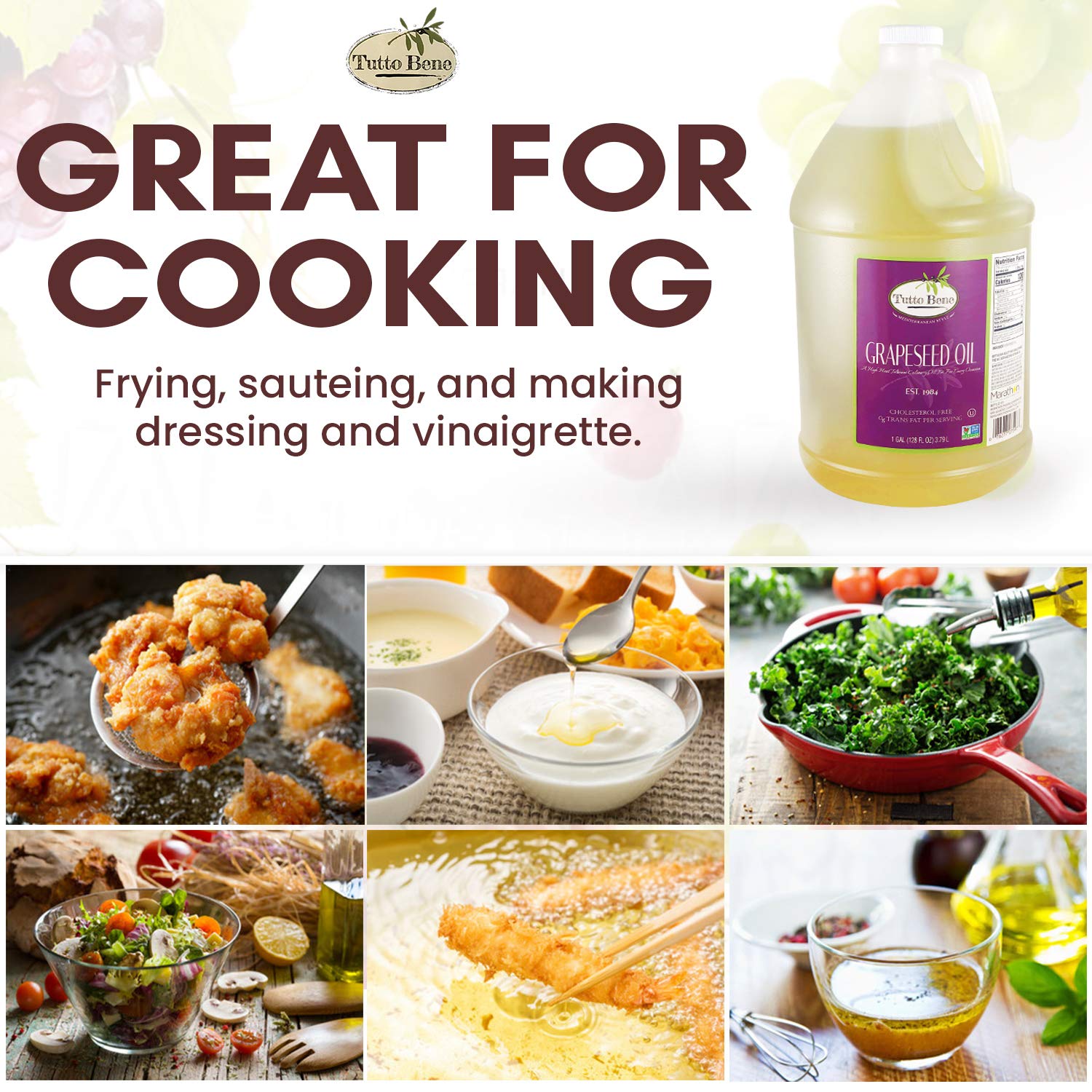 Tutto Bene Premium Quality Grapeseed Oil - 1 Gallon (128 ounces), for Cooking With 0% Trans Fat for Healthy Living - Cholesterol Free - High in Antioxidants and Vitamin E