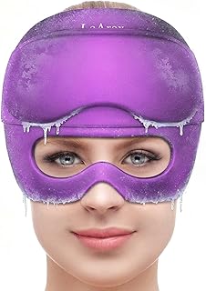 2 in 1 Migraine Relief Cap with Gel Eye Mask, Headache Relief Cap Ice Head Wrap Hot and Cold Therapy Hat Gift for Women for Headache Puffy Eyes Sinus and Tension Stress Relief (Purple)