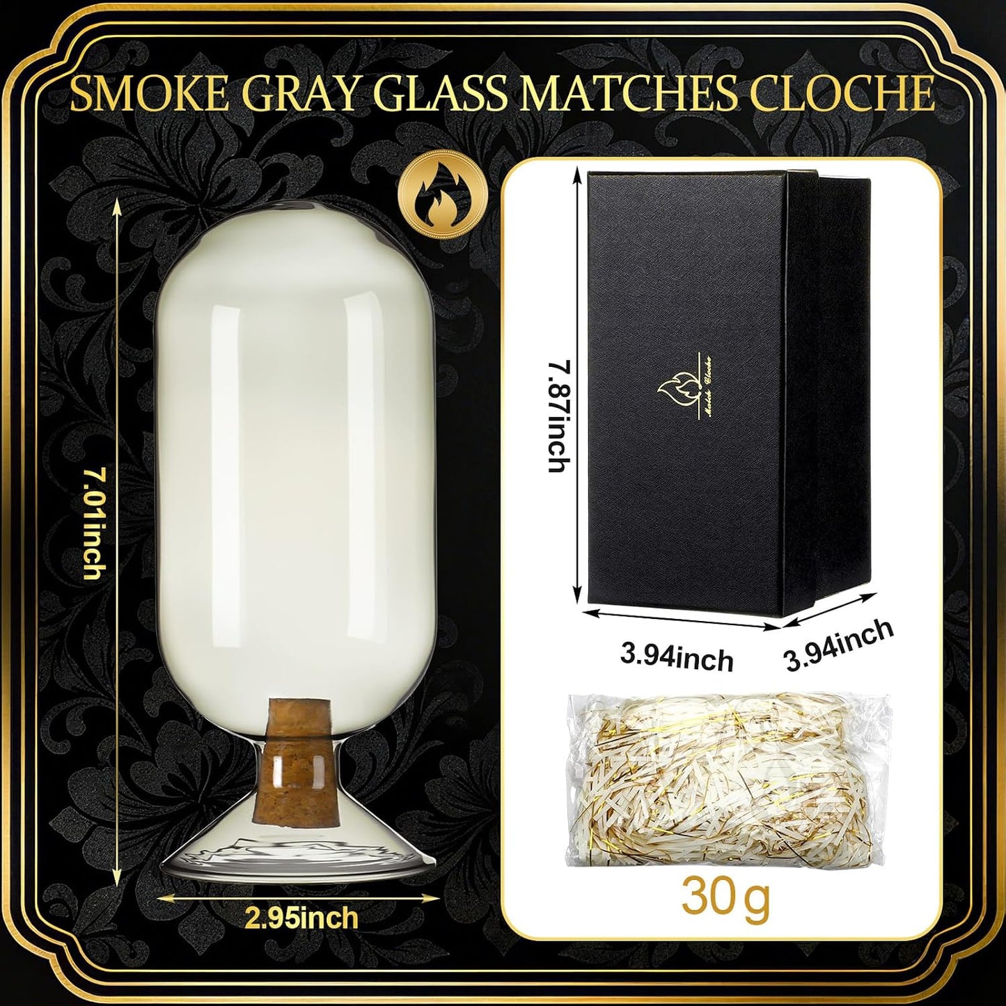 Qinyoung Smoke Gray Glass Match Cloche Holder Decorative Matches Jar Gift Set Fireplace Display Decor with Black Gift Box White Raffia, Not Include Sticks, 2.95 x 7 Inch
