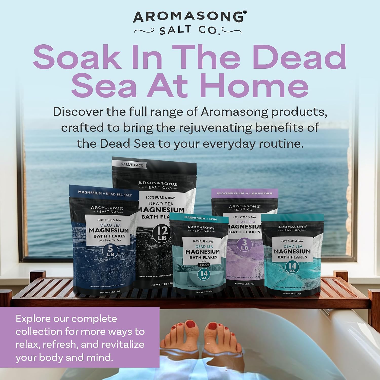 Aromasong RAW Magnesium Bath Flakes with 100% Natural Lavender, 14 Oz. Muscle Relaxing Organic Salts Mg Chloride, Mineral Soak Salt.