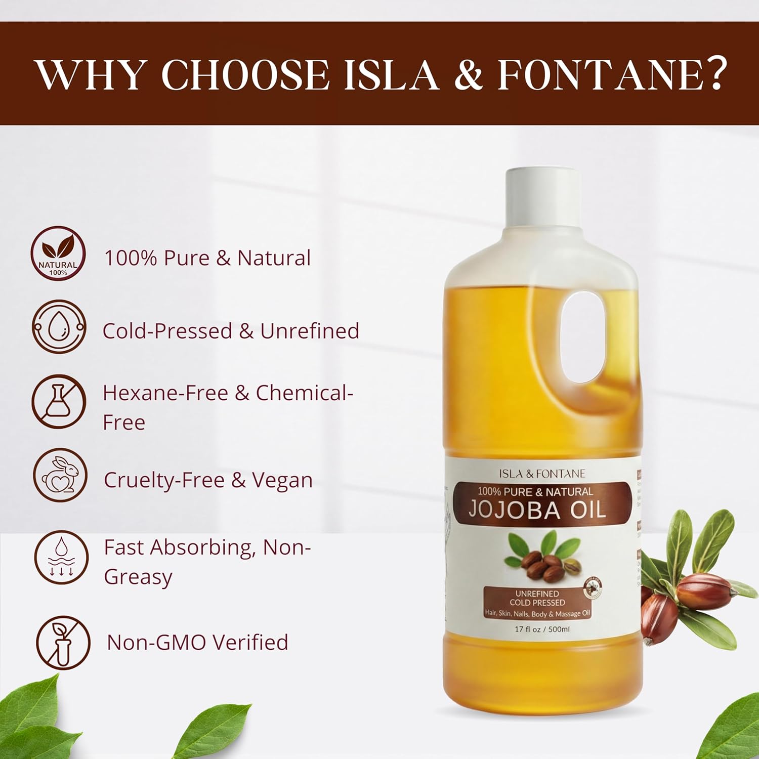 100% Pure & Natural Jojoba Oil 500ml/17.8 fl oz - Cold Pressed, Unrefined, Hexane Free Carrier Oil for Hair, Face, Body & Nails - Vegan, Non-GMO Moisturizer & Massage Oil