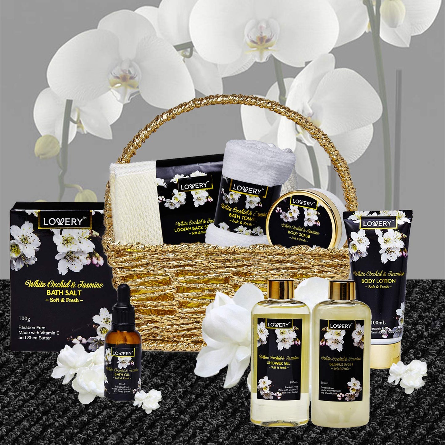 Bath and Body Gift Basket for Women – Orchid & Jasmine Home Spa Set with Body Scrubs, Lotions, Oils, Gels and More - Care Package for Women & Men - 9 Piece Womens Gifts Set