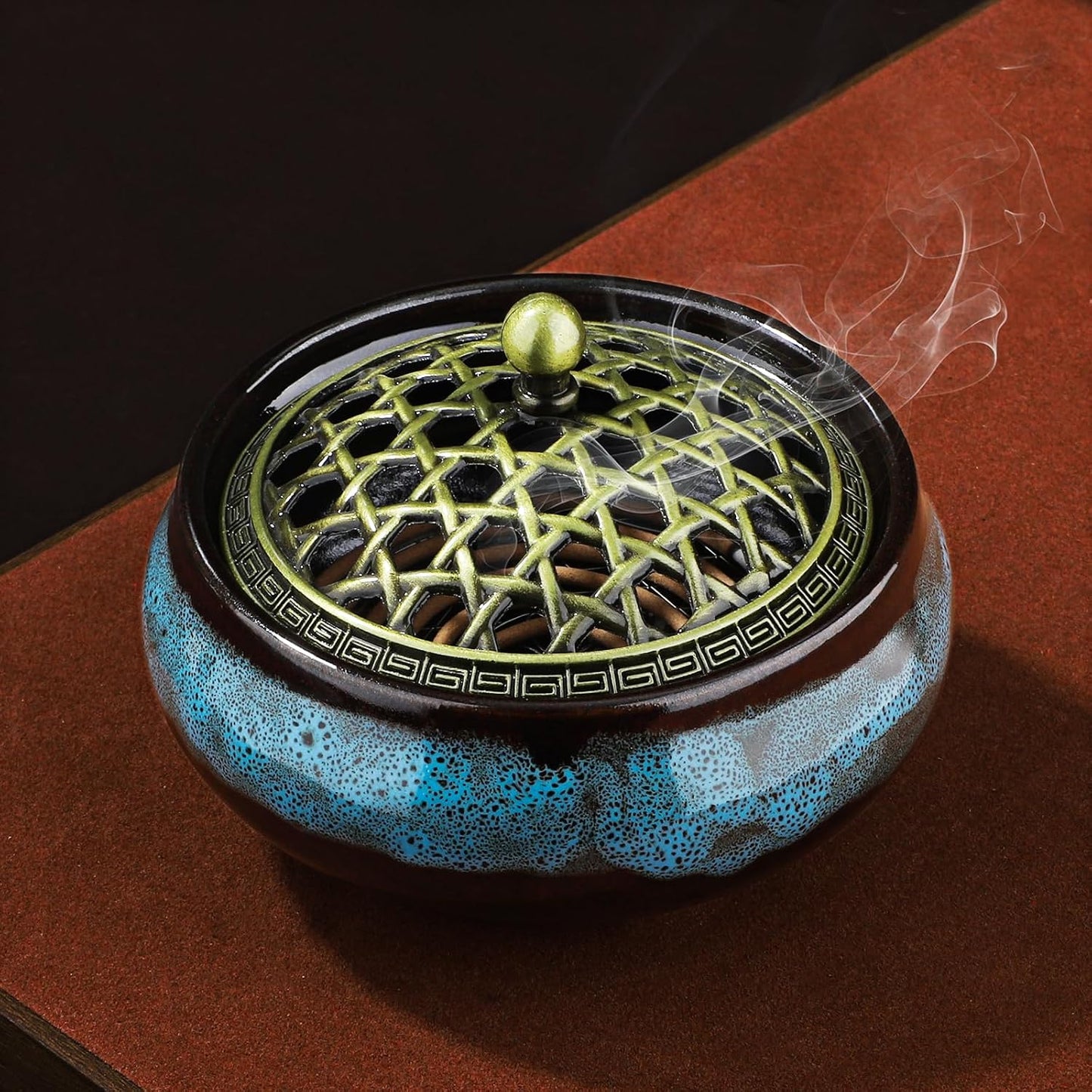 Ceramic Incense Burner for Cone and Backflow Incense, Metal Lid, Stainless Steel Incense Holder, Incense Bowl with Incense Cone Holder & Burner Holder (Fambe Blue)