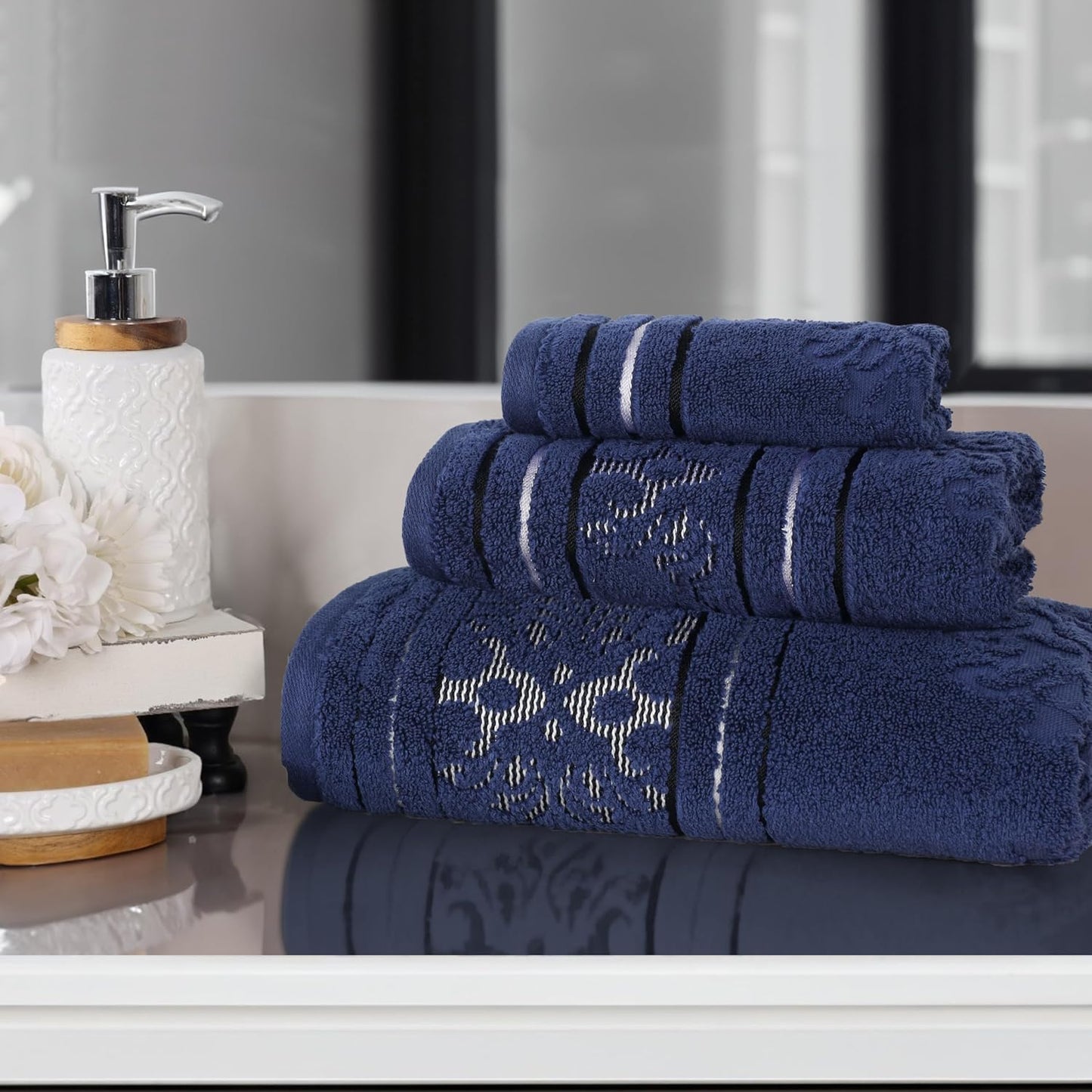 Superior Cotton 3 Piece Towel Set, Includes 1 Bath, 1 Hand, 1 Washcloth/Face Towel, Quick Dry, Home Essentials, Shower, Spa, Luxury Plush Soft Absorbent Towels, Zero Twist, Jacquard Floral, Navy Blue