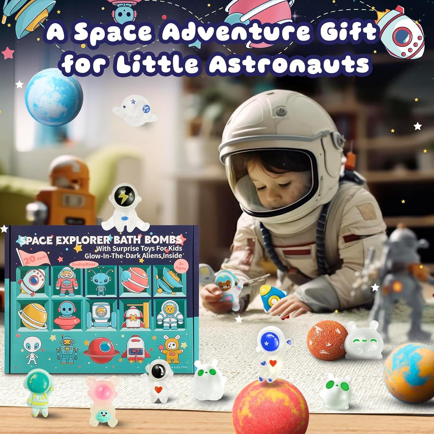 20 Pack Galaxy Bath Bombs for Kids with Space Explorer Toys, Cosmic Adventure Kids Bath Bombs with Astronauts, Rockets, Planets & Glow-in-The-Dark Aliens Inside,End-of-School Year Gifts