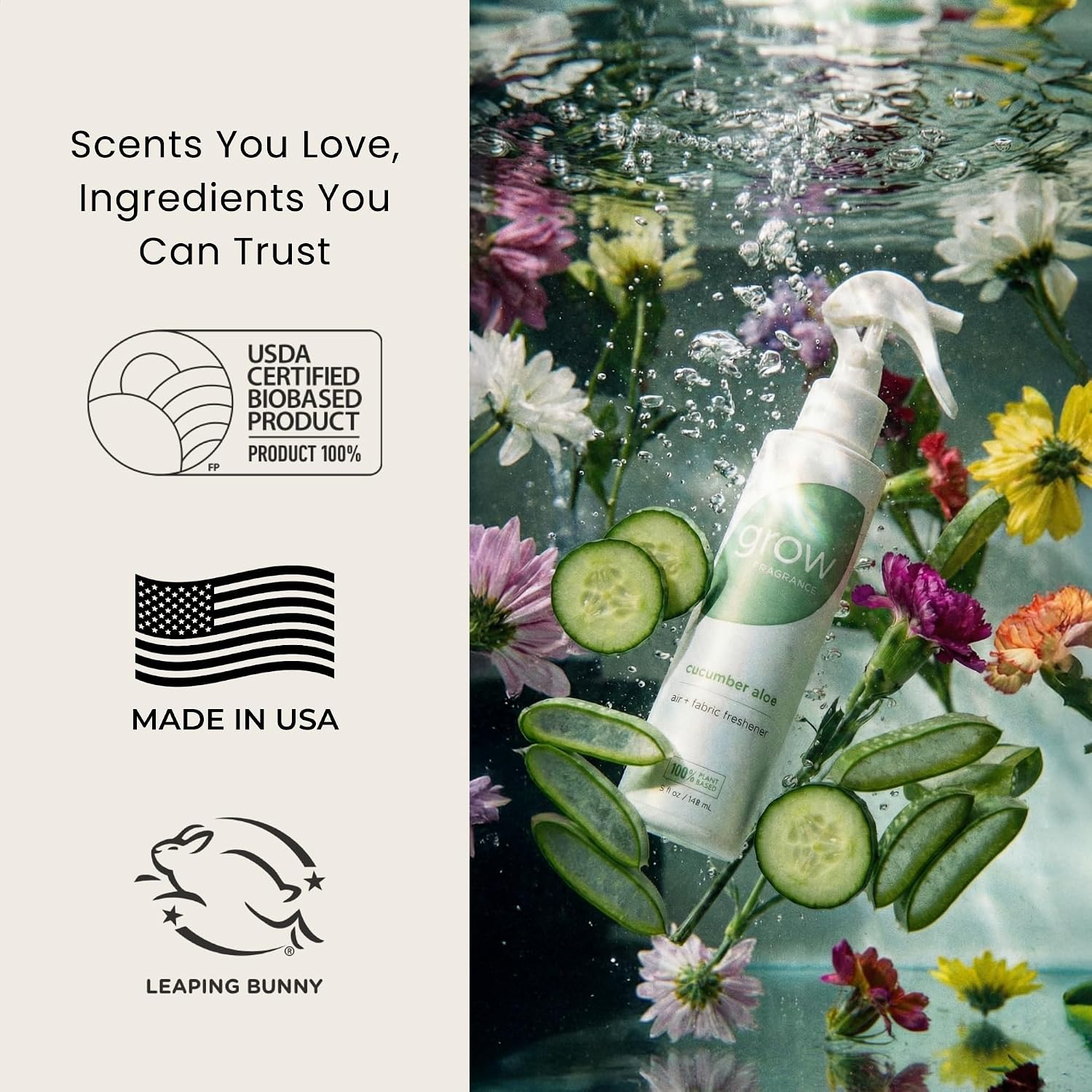 Grow Fragrance Certified Non Toxic, 100% Plant Based Fabric and Room Air Freshener Spray. Made with All Natural Essential Oils (Cucumber Aloe 2 Pack) 2 x 5oz