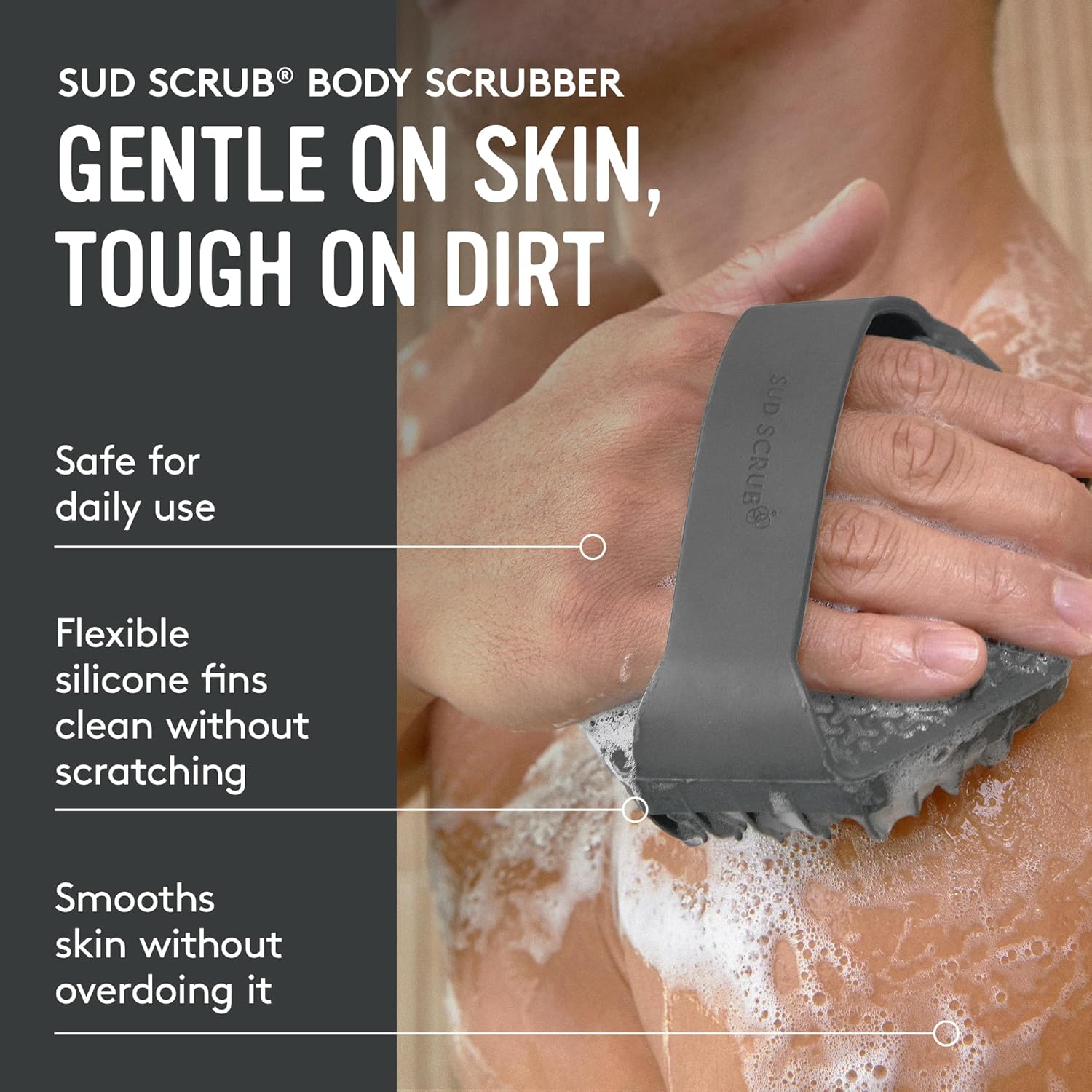 Sud Scrub® Antimicrobial Silicone Body Scrubber, Exfoliating Body Brush for Sensitive Skin, Antibacterial Shower Scrubber for Body, Bathroom Essentials for Men & Women, Charcoal