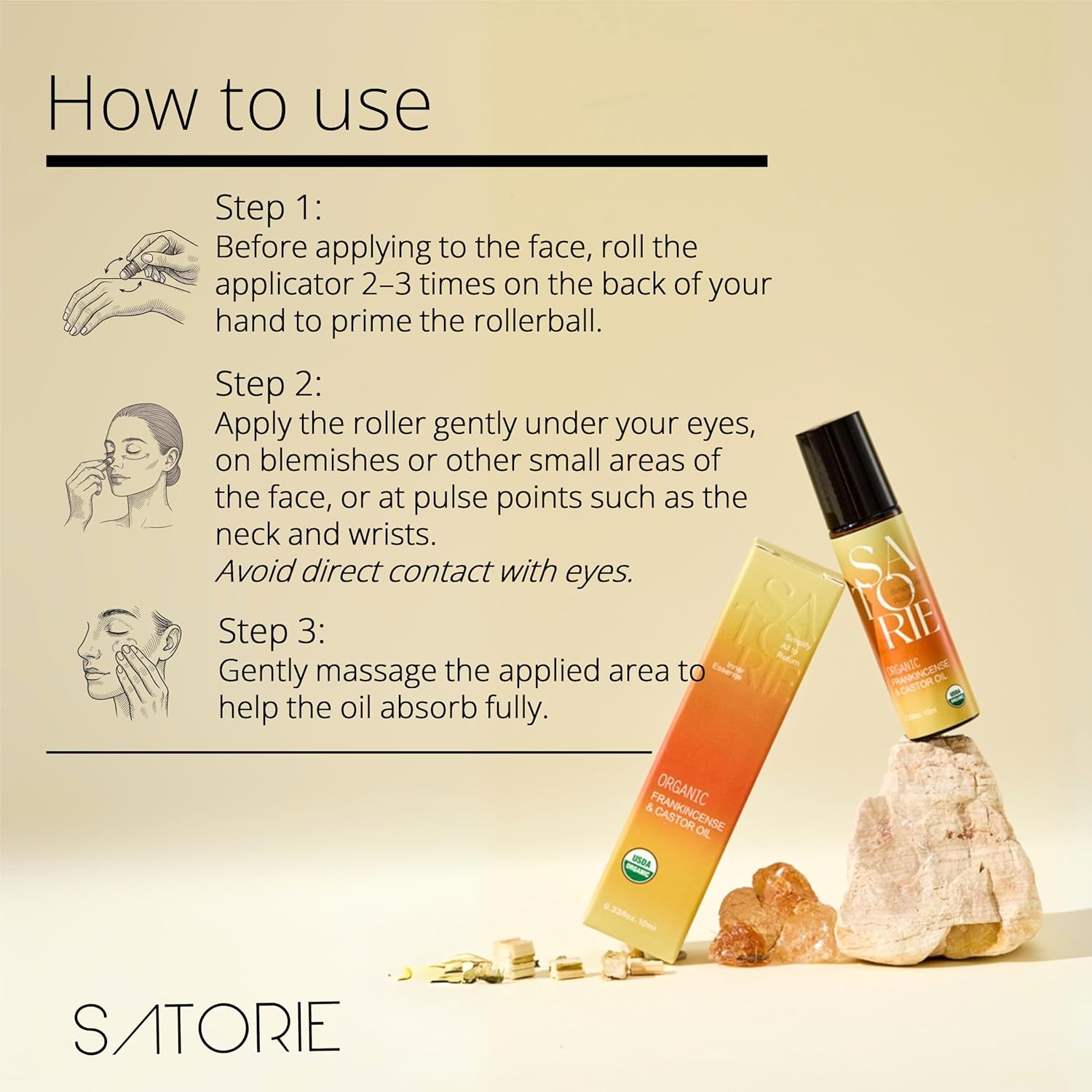 SATORIE Organic Castor & Frankincense Oil with Rose Quartz Rollerball - USDA Certified Essential Blend Oil Roll-On, Time Eraser Rollerball, for Face, Under Eyes, Anti-Aging, Dark Circles