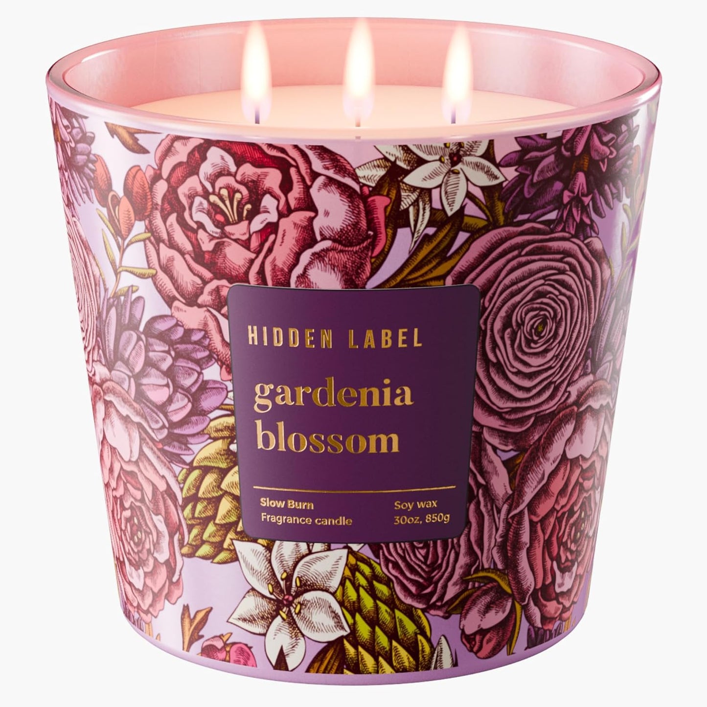 Hidden Label Gardenia Blossom Scented Candle, 30oz Large 3 Wick Natural Soy Wax Candle, 100 Hours Slow Burn Aromatherapy Candle for Stress Relief, Relax & Sleep, Gifts for Women & Men