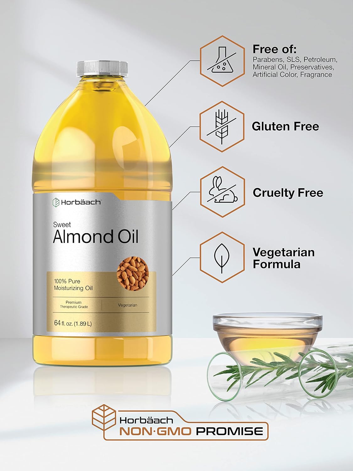 Horbäach Sweet Almond Oil | 64 fl oz | For Skin and Hair | Cold Pressed | Pure Moisturizing Liquid | Vegetarian, Non-GMO, and Gluten Free