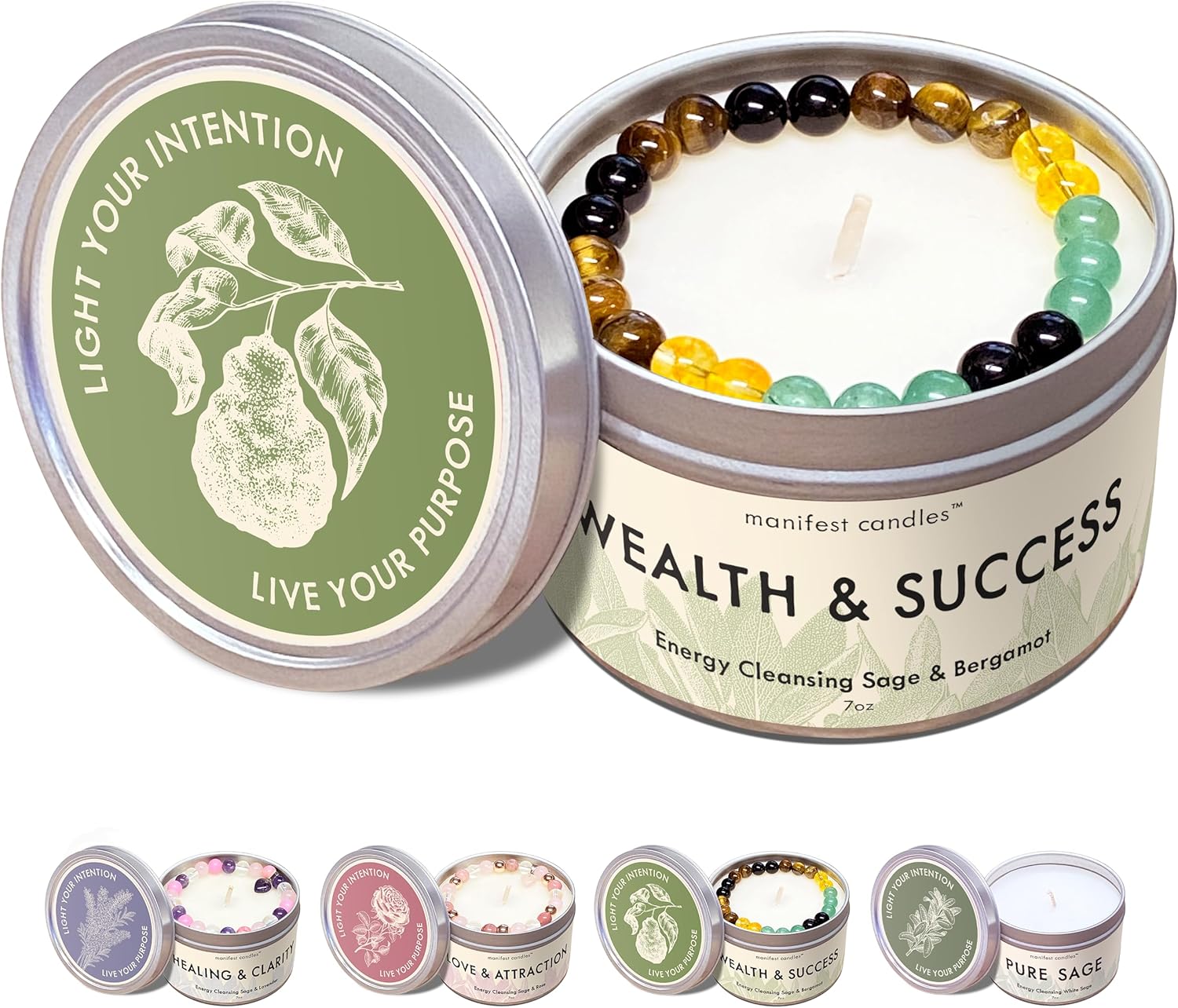 Manifest Sage & Bergamot Money Candle, 45 Hour Burn, Manifestation Bracelet, Protection Candle for Negative Energy, Abundance Candles, Intention Spiritual Candles for Positive Energy