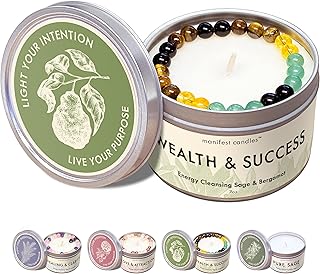 Manifest Sage & Bergamot Money Candle, 45 Hour Burn, Manifestation Bracelet, Protection Candle for Negative Energy, Abundance Candles, Intention Spiritual Candles for Positive Energy