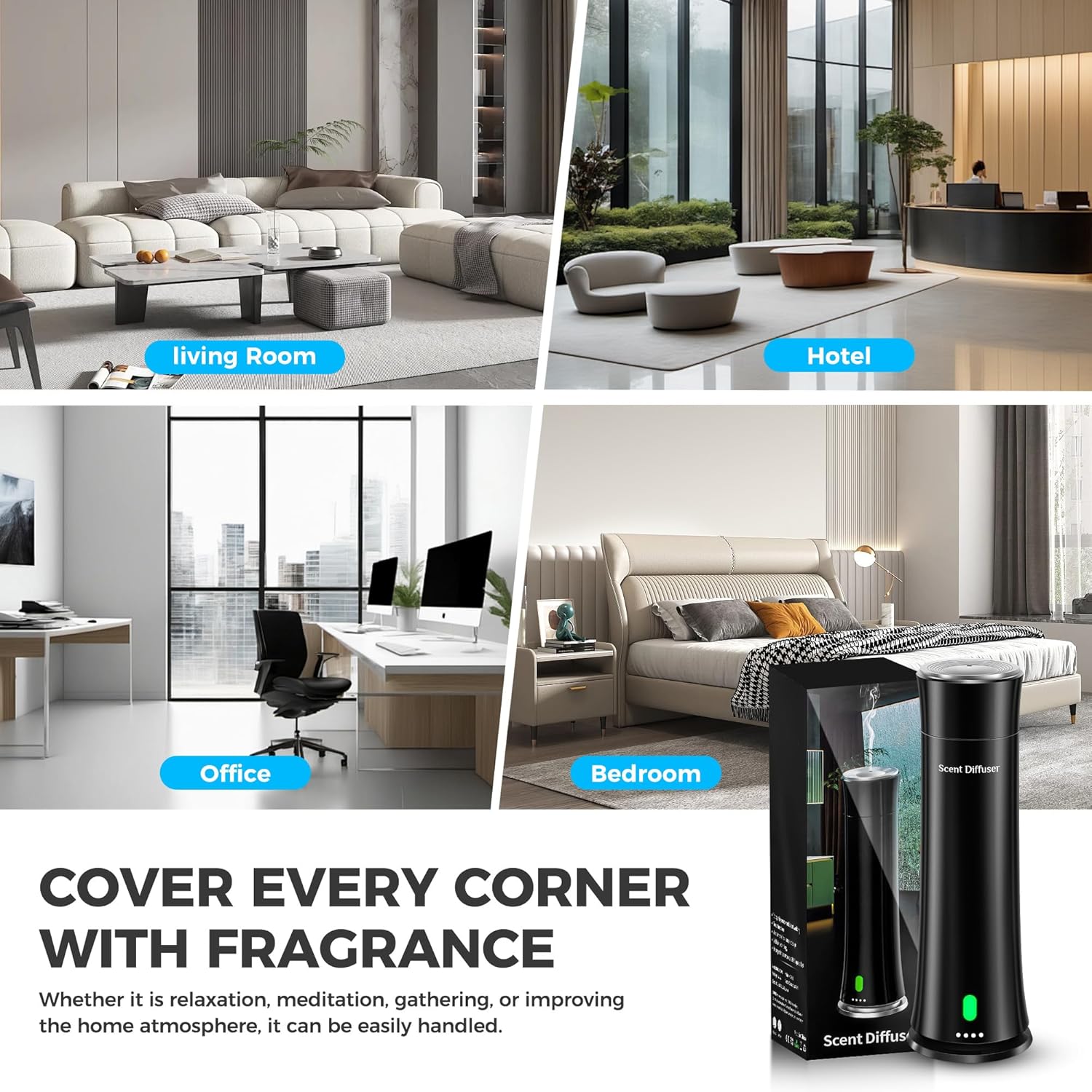 Waterless Scent Diffuser Kit — Covers 1,500 sq. ft. Suitable for Large Rooms, Home, Offices, and Hotels. Includes Five Essential Oils and Remote Control. Black