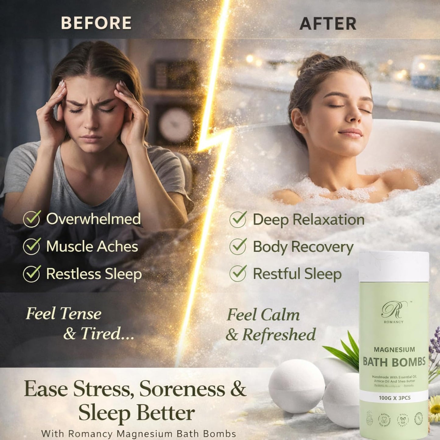 Magnesium Bath Bombs Gift Set – XL Epsom Salt Bath Bombs for Muscle Recovery, Stress Relief & Post-Workout Relaxation with Lavender & Arnica Spa Gift for Women & Men for Sore Muscles