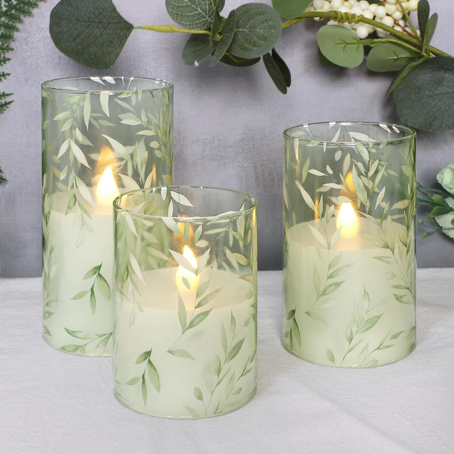 Crystal Club Glass Flameless Candles with Remote Timer, Battery Operated Flickering LED Pillar Candles, Green Willow Leaves Design for Wedding Holiday Home Decor